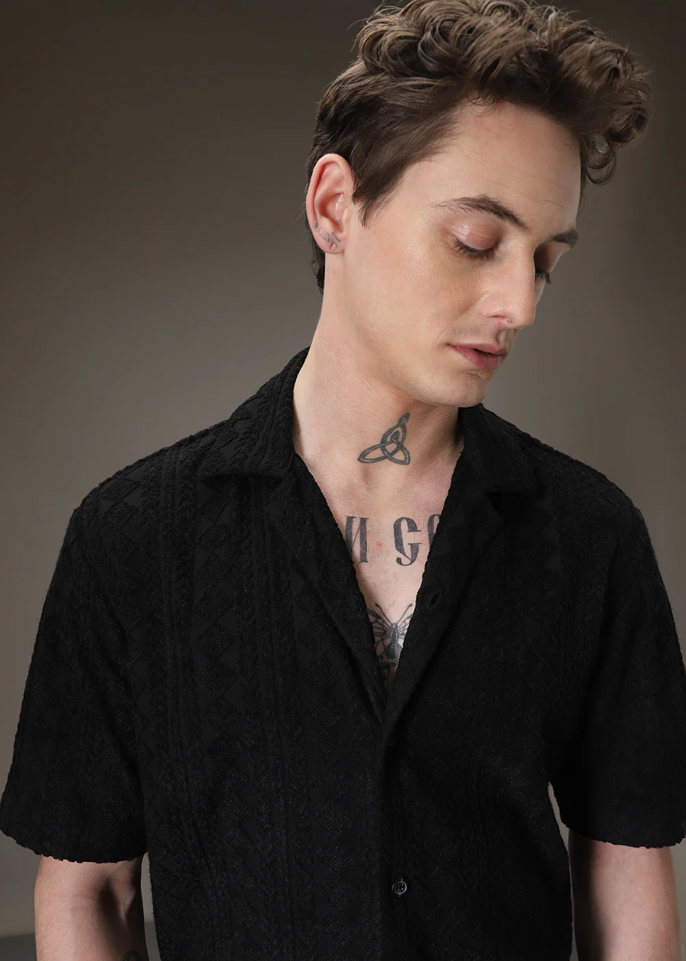 Noir Black Plain Jacquard Knitted Shirt - Image 2