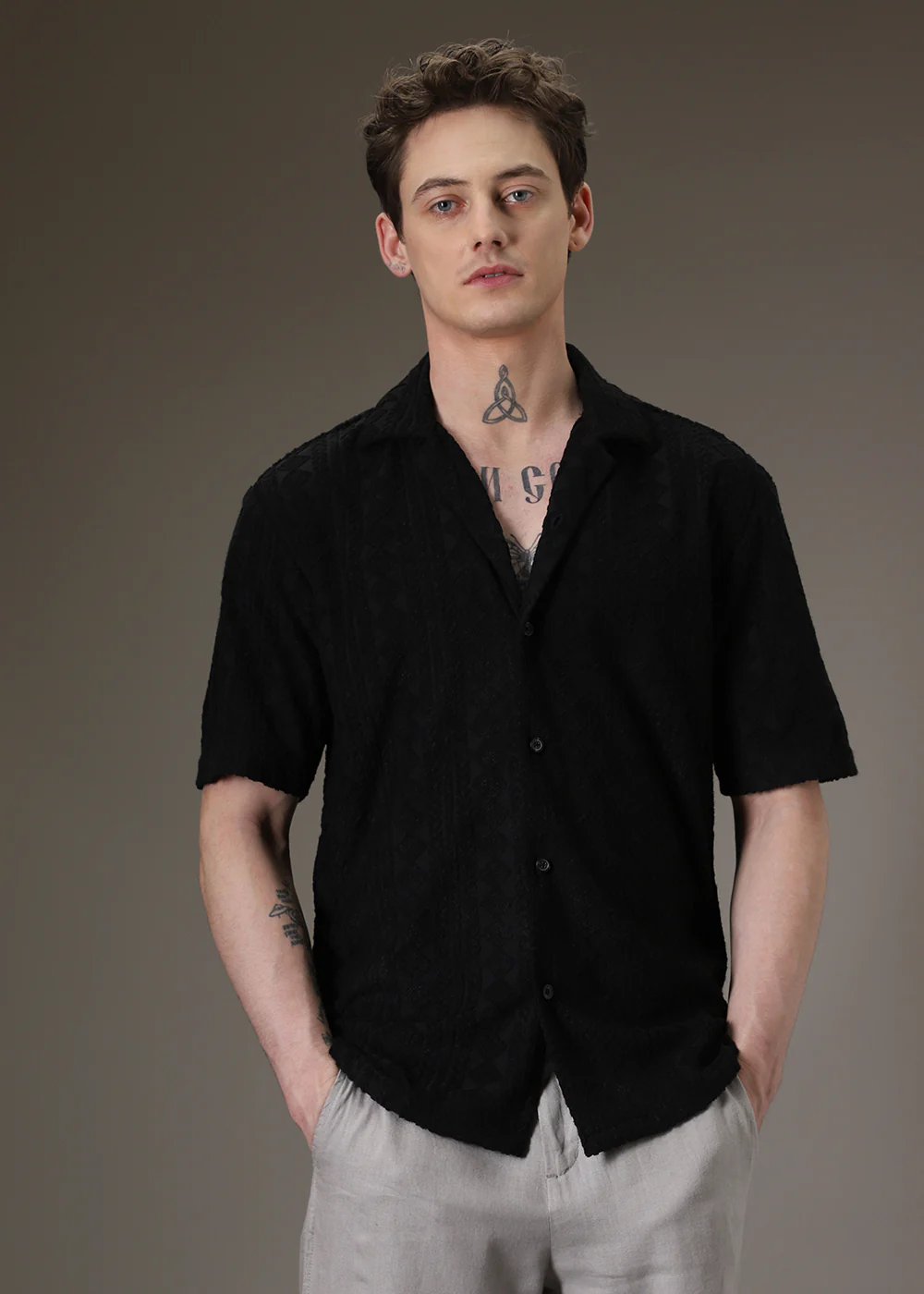 Noir Black Plain Jacquard Knitted Shirt - Image 3
