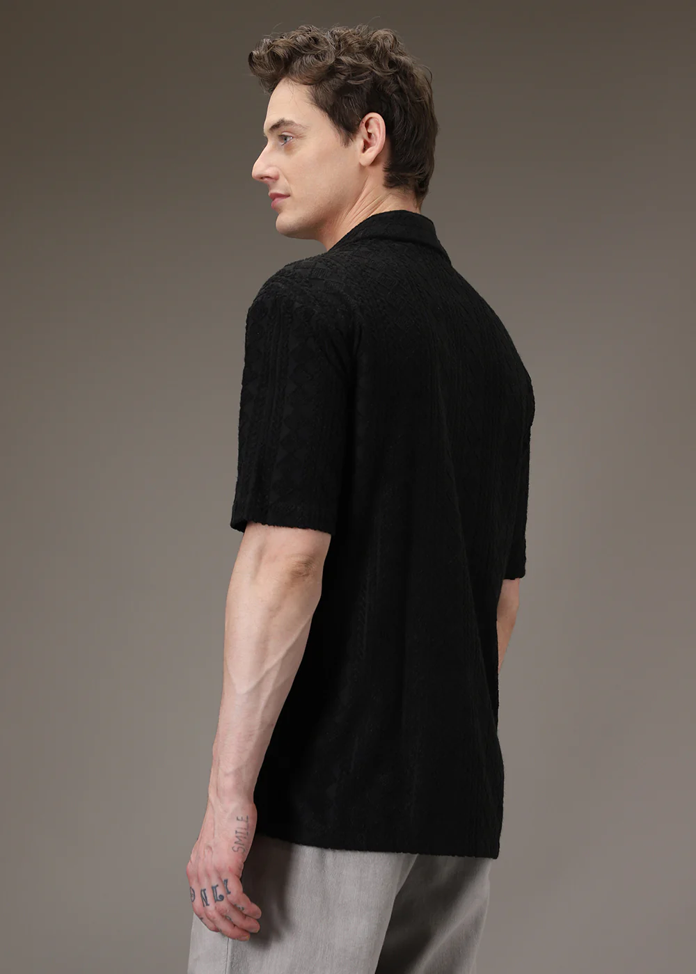 Noir Black Plain Jacquard Knitted Shirt - Image 4
