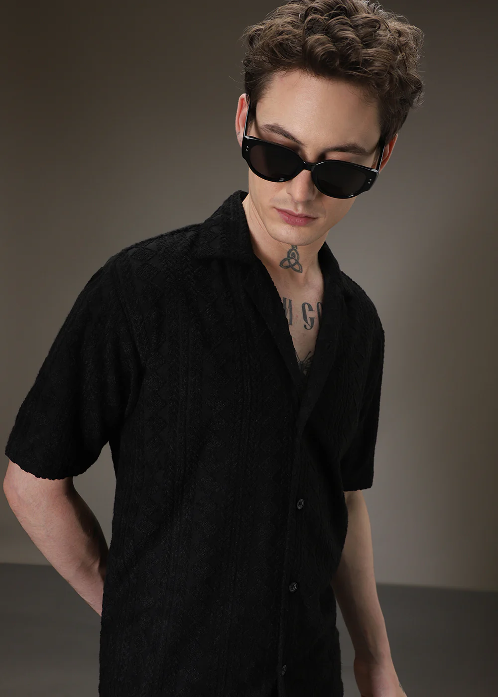 Noir Black Plain Jacquard Knitted Shirt - Image 5