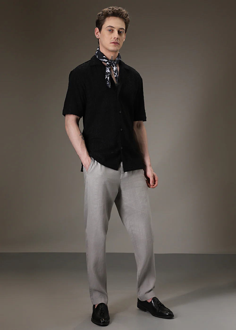 Noir Black Plain Jacquard Knitted Shirt - Image 6