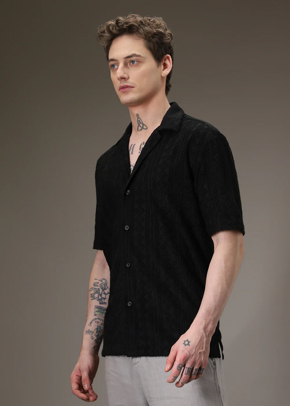 Noir Black Plain Jacquard Knitted Shirt - Image 7
