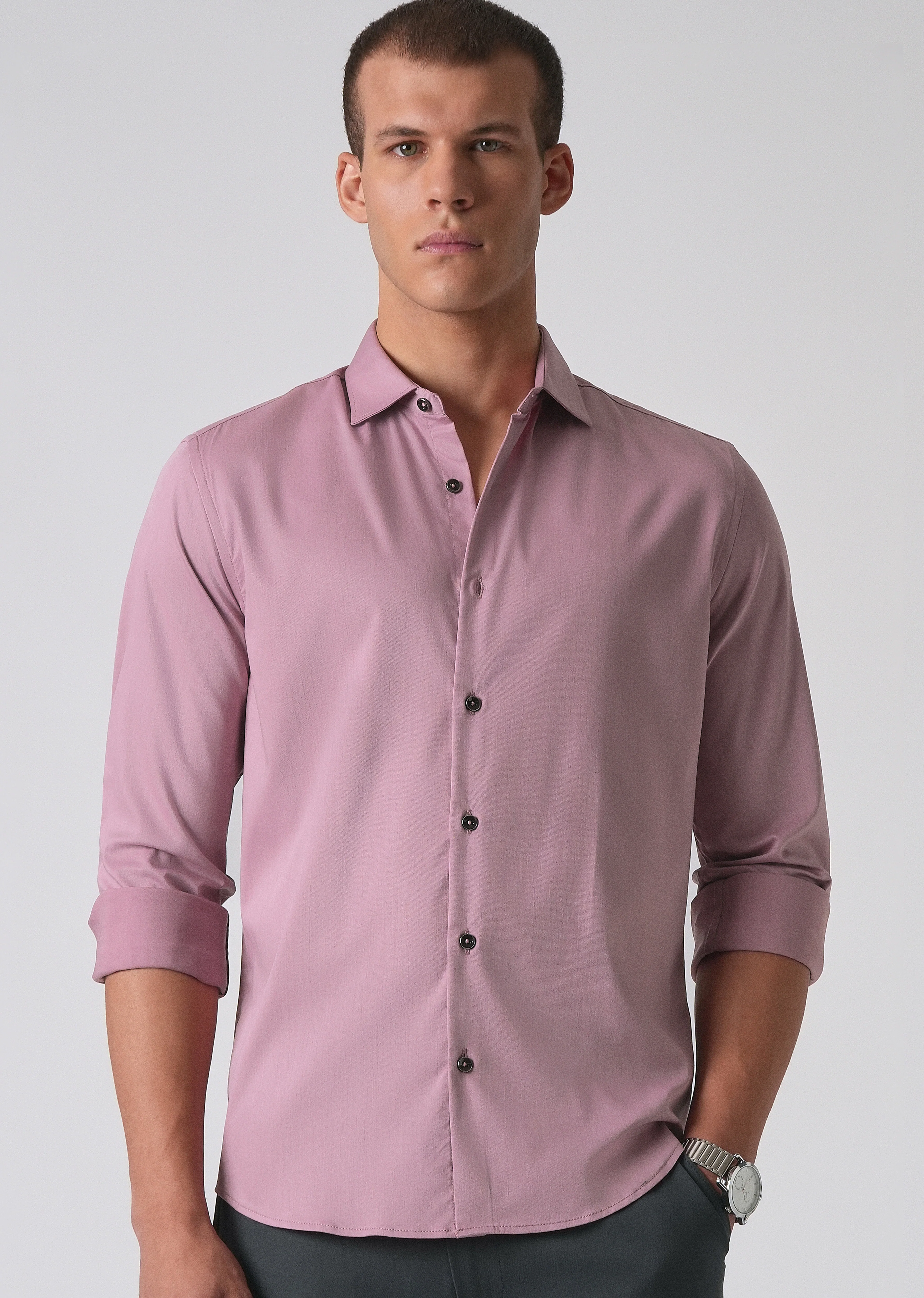 Nude Pink Cotton Stretch Plain Shirt - Image 7
