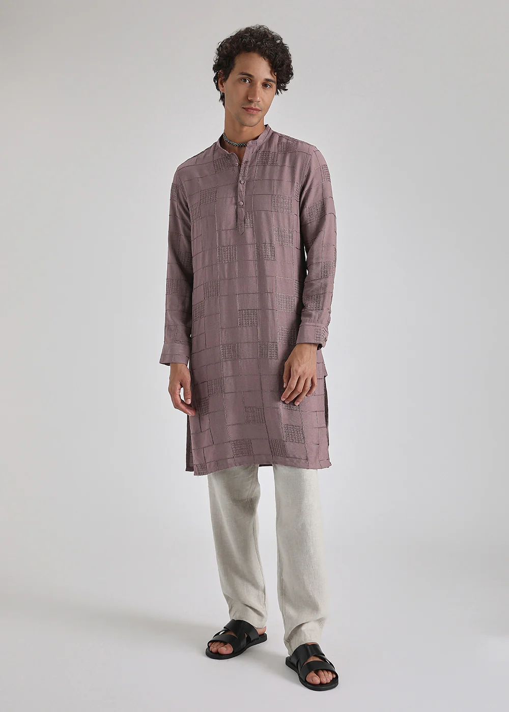 Nude Pink Self Thread Embroidered Kurta - Image 3