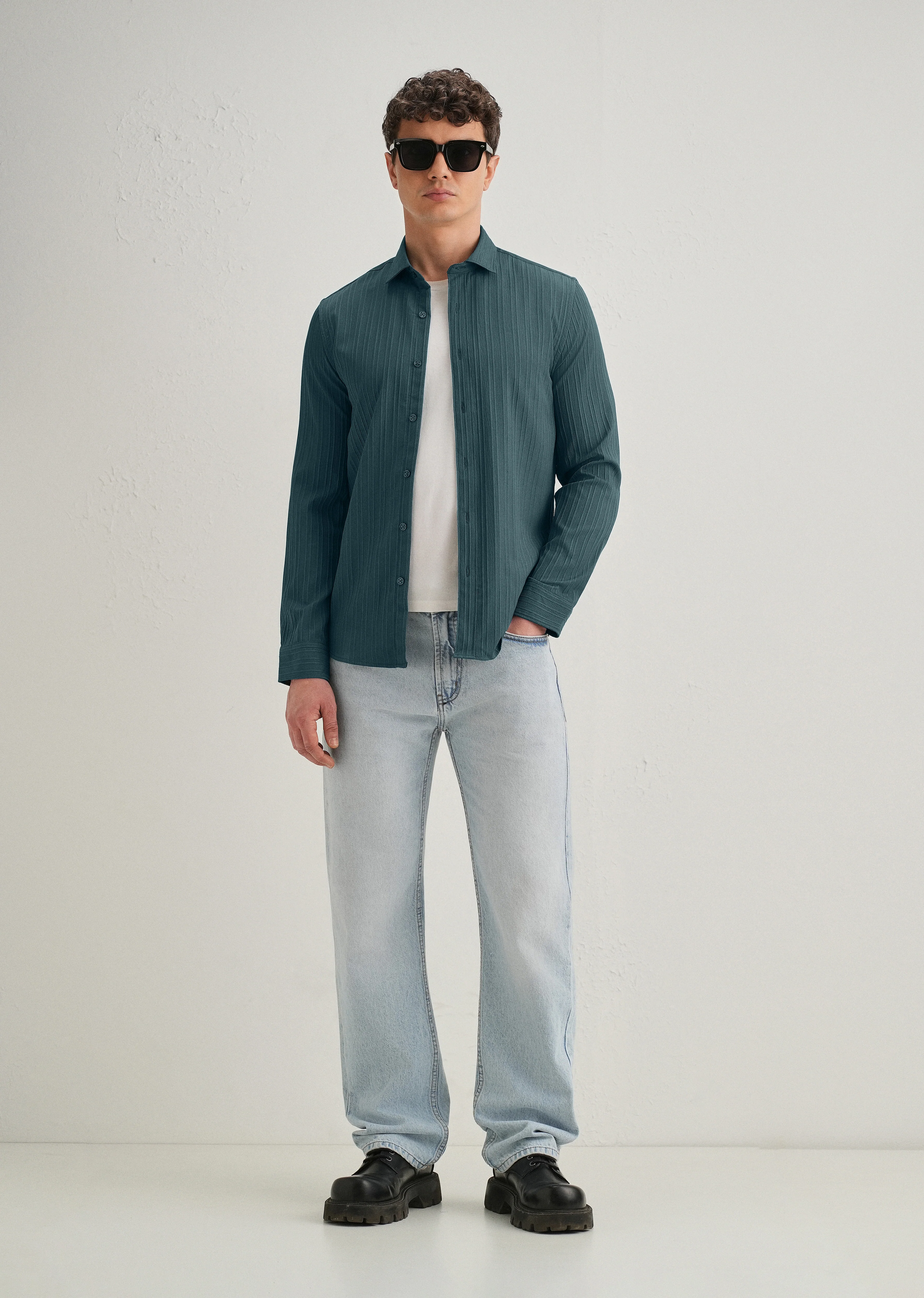 Ocean Green Plain Self Striped Shirt - Image 6