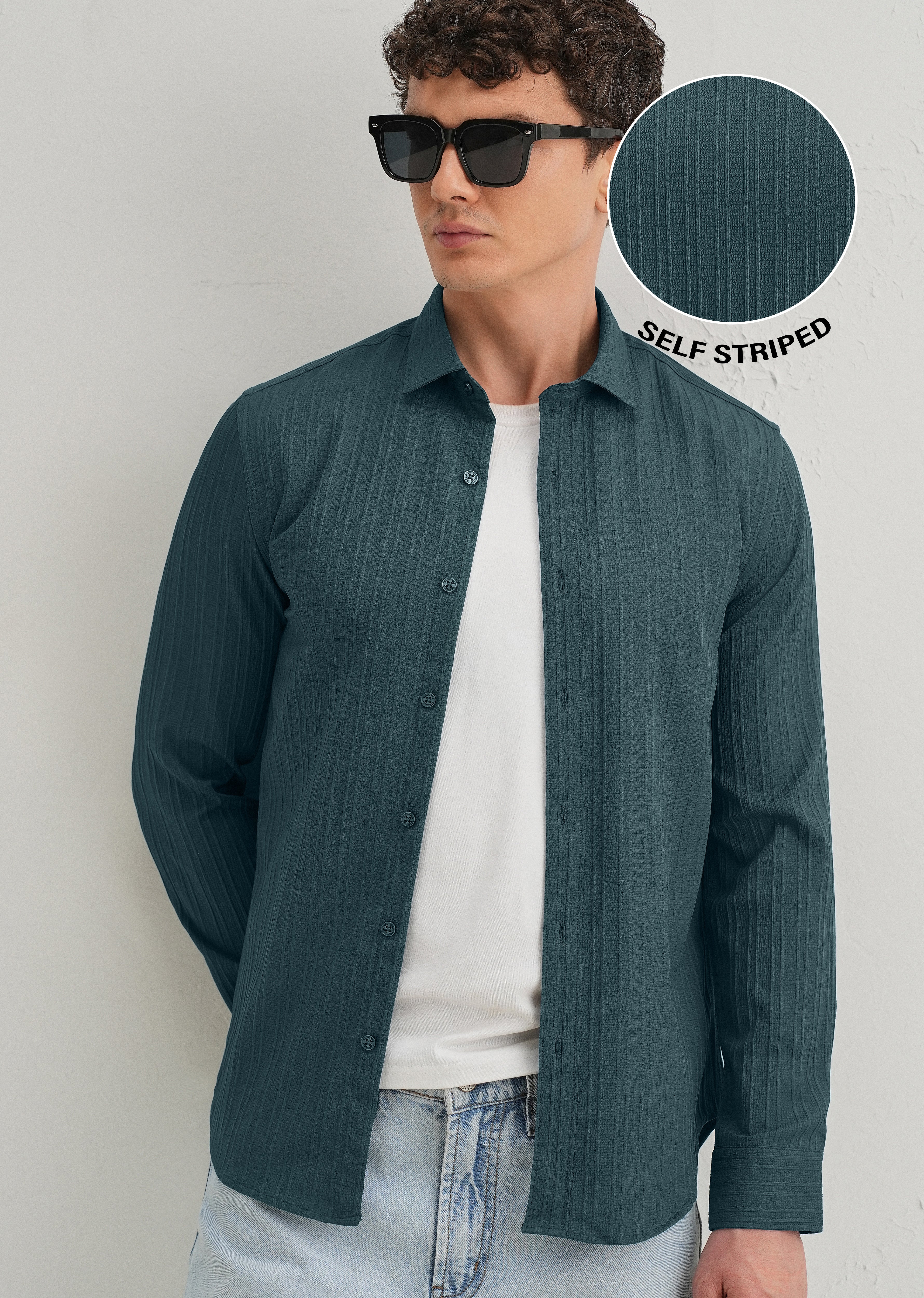 Ocean Green Plain Self Striped Shirt - Image 7