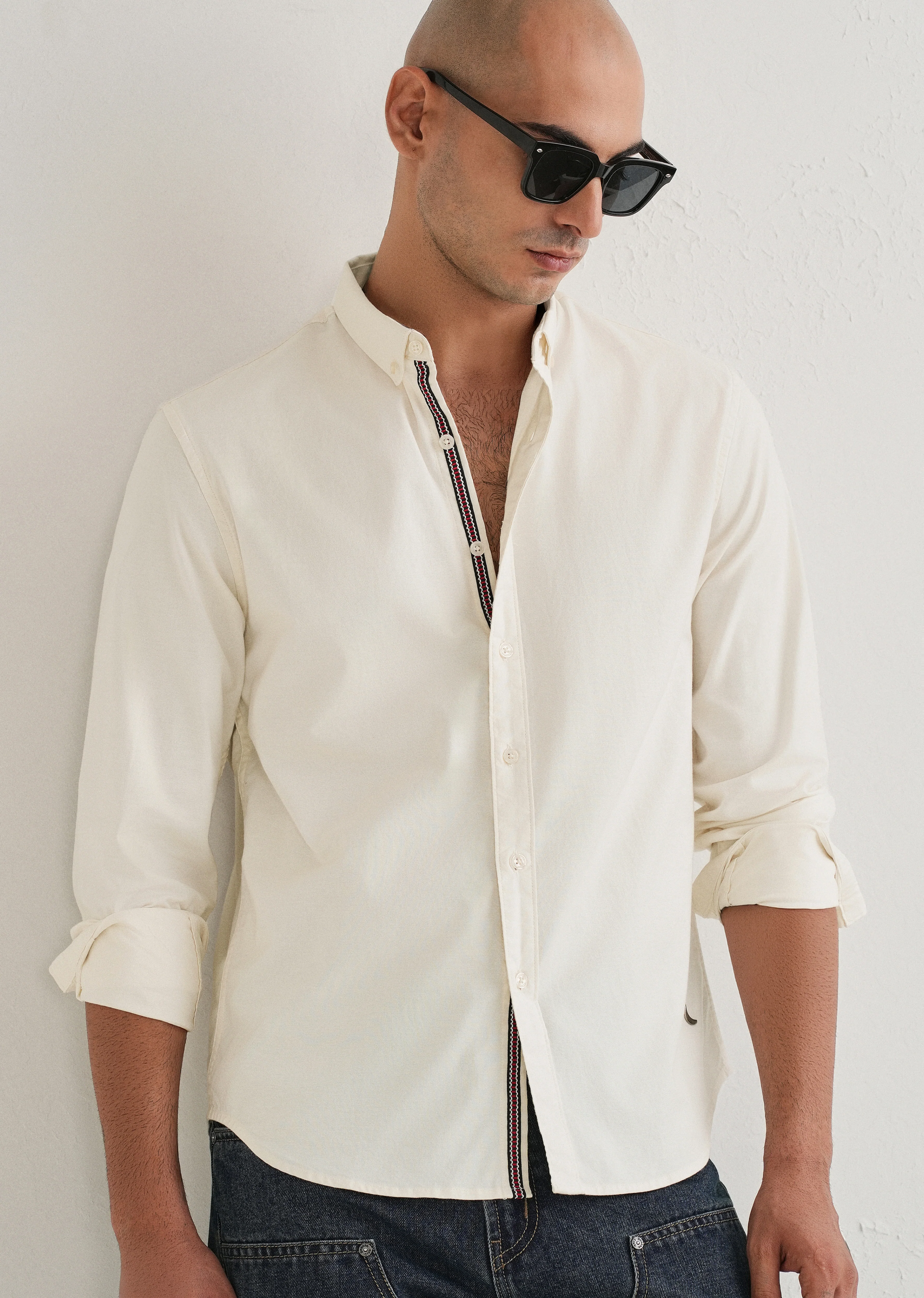 Off White Contrast Placket Shirt - Image 7