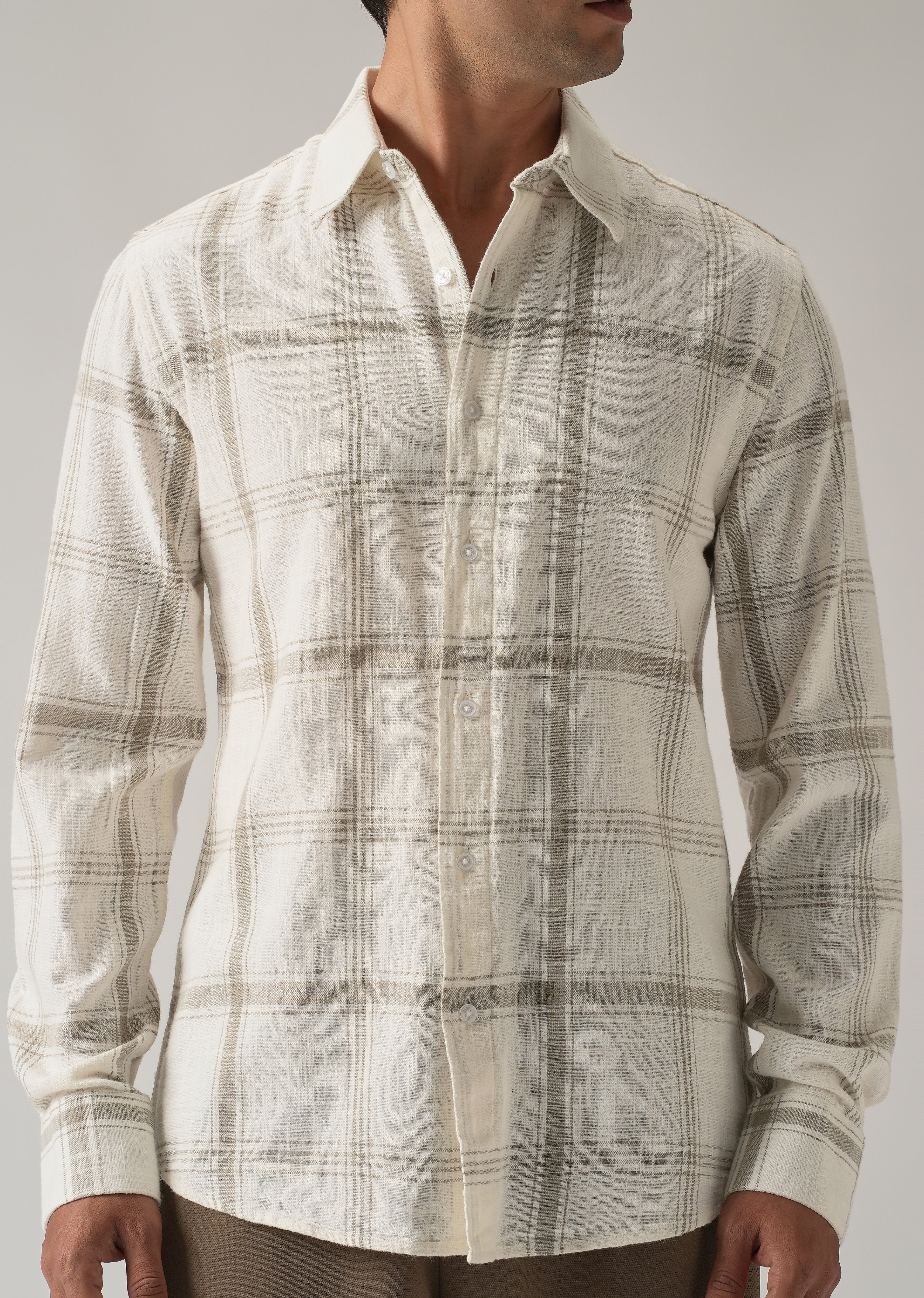 Off White Cotton Linen Check shirt - Image 7