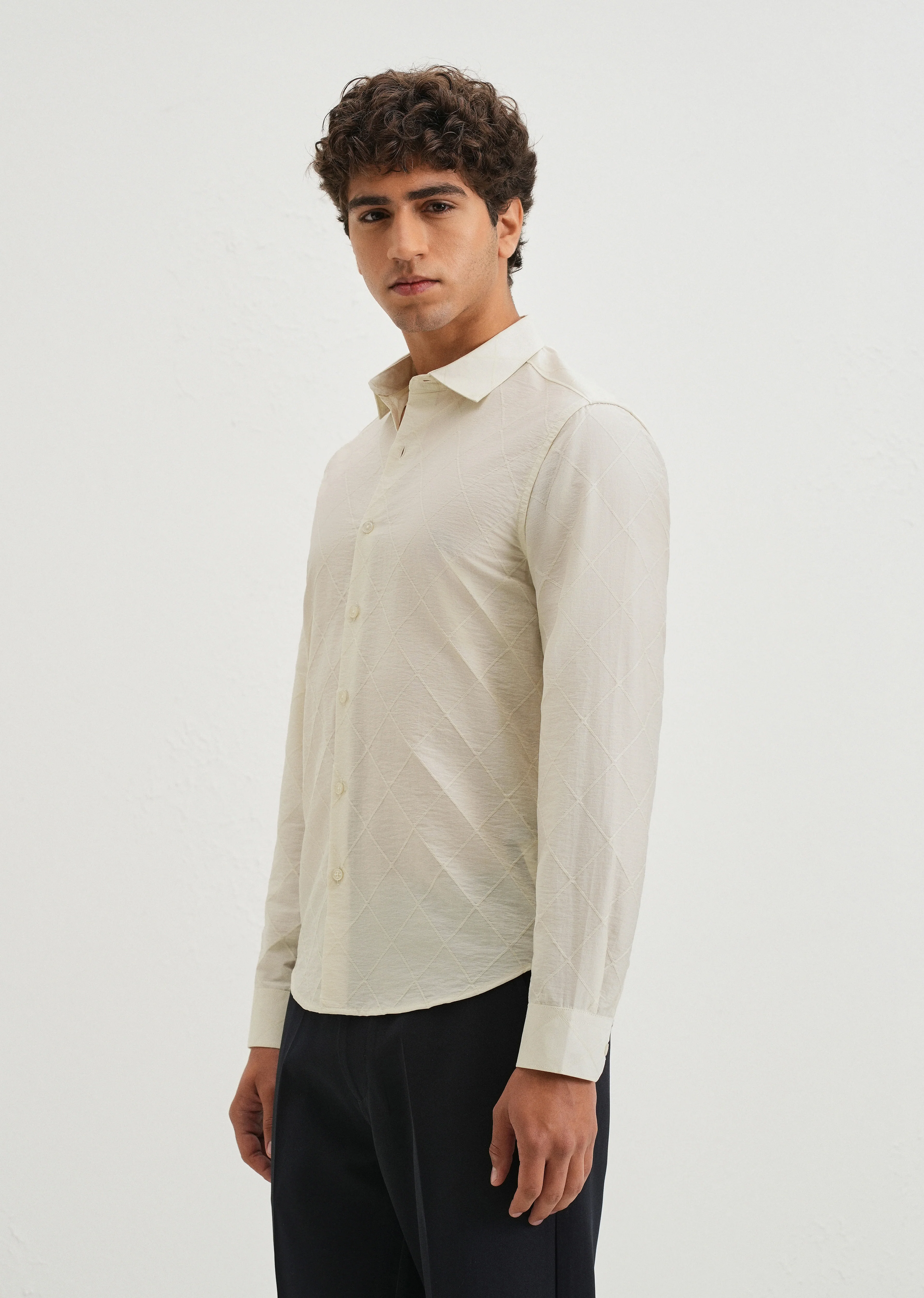 Off White Diamond Self Pattern Shirt - Image 4
