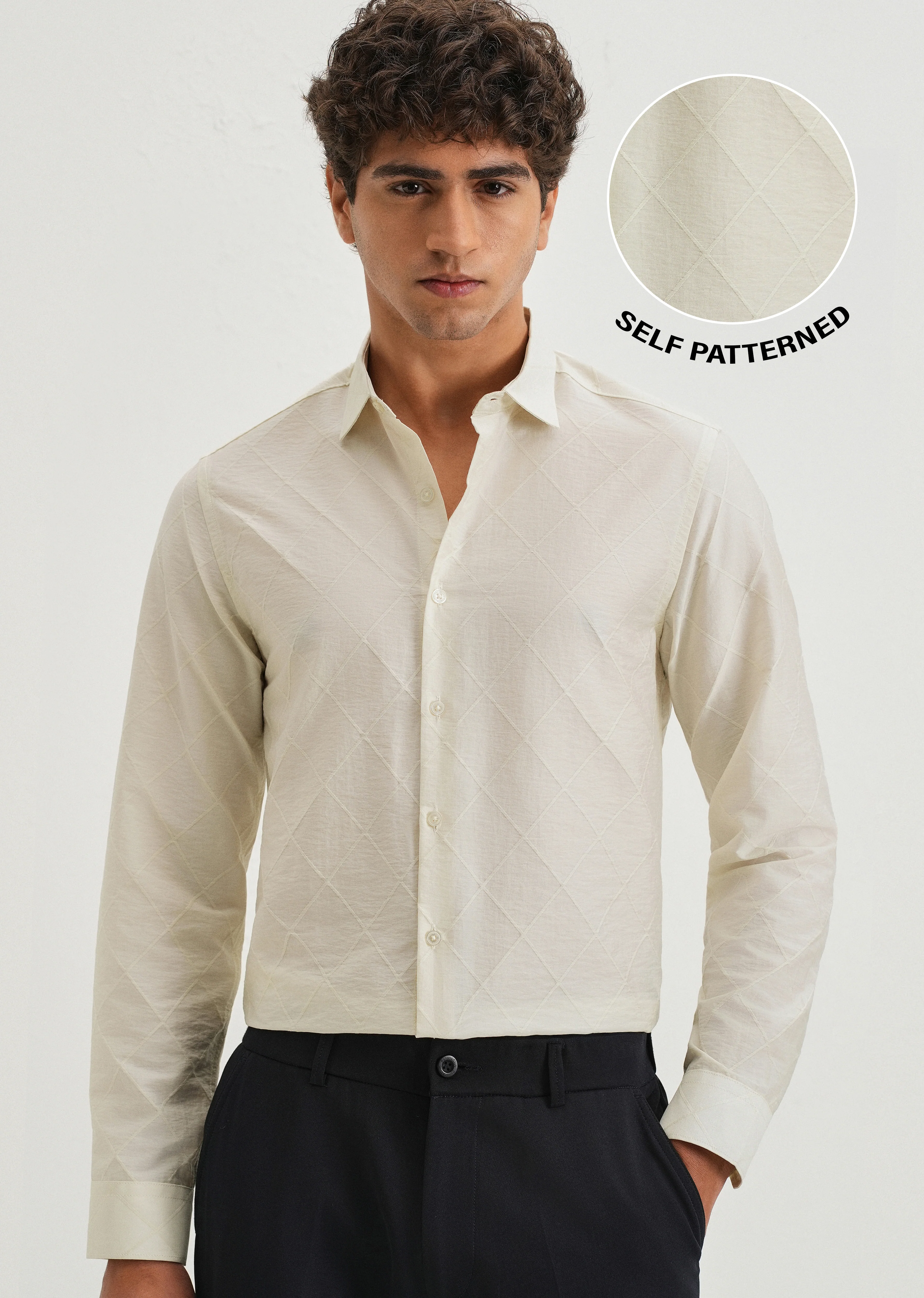 Off White Diamond Self Pattern Shirt - Image 7