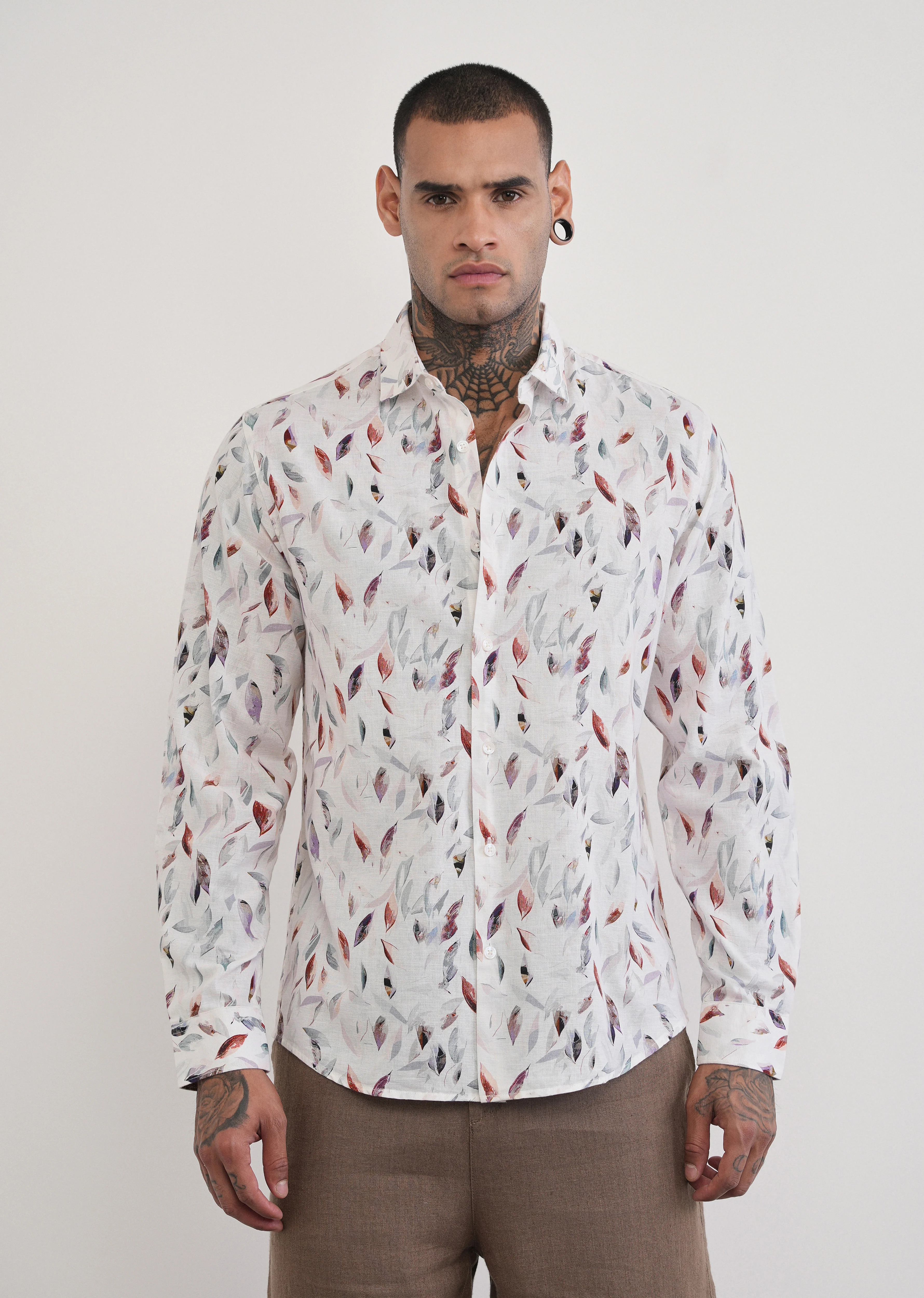 Off-White Leaf Print Cotton Linen Shirt - Image 3