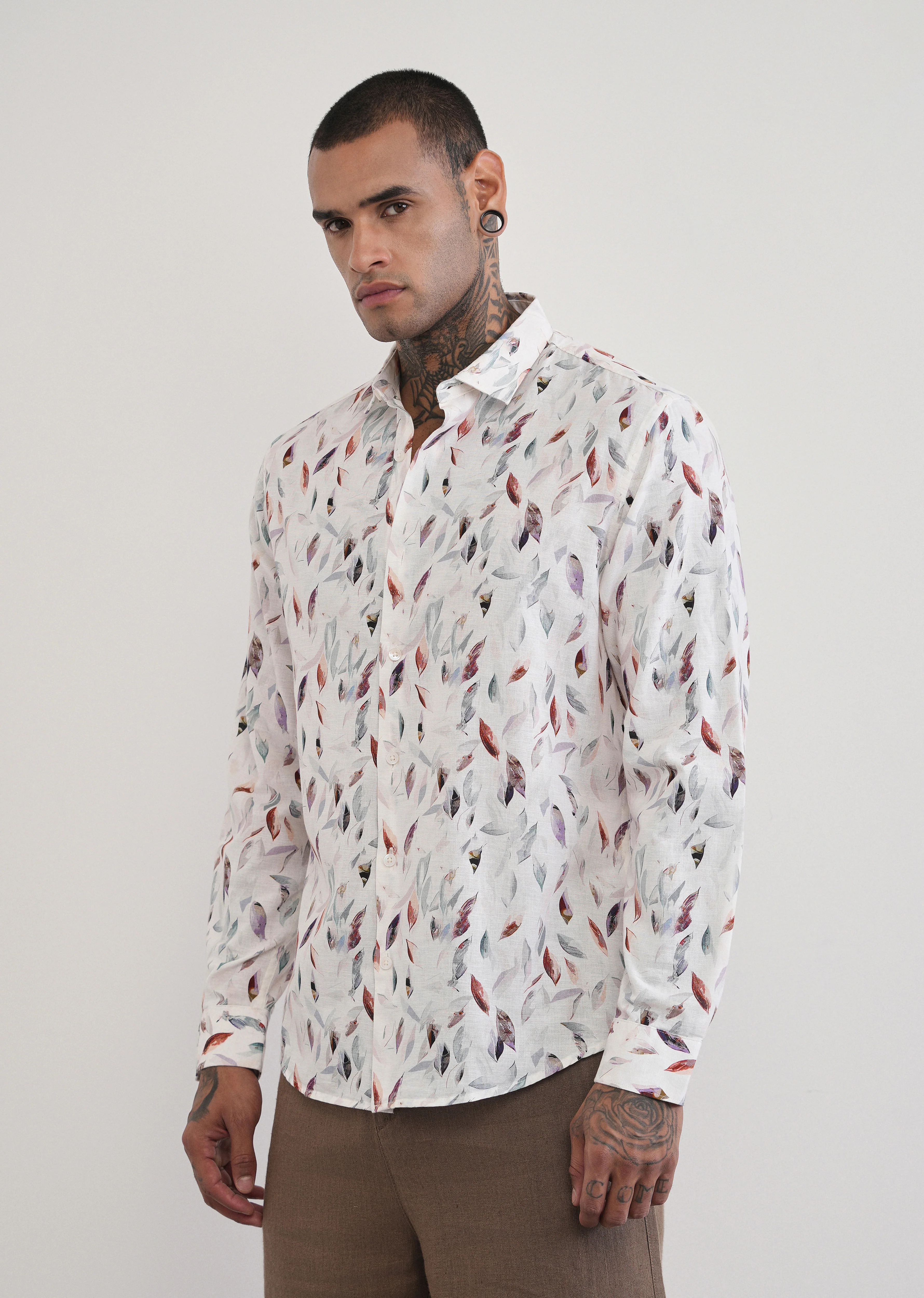 Off-White Leaf Print Cotton Linen Shirt - Image 4