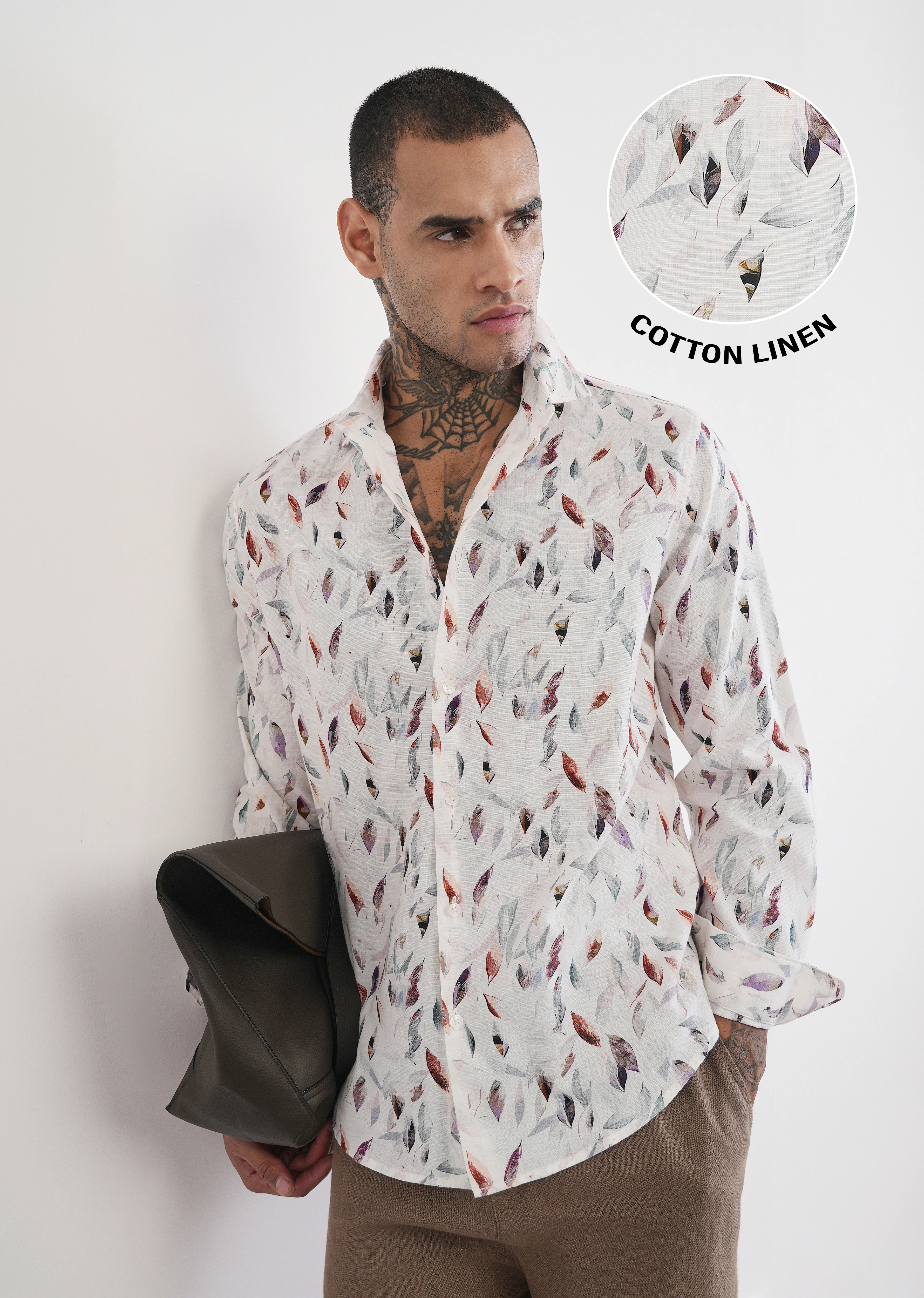 Off-White Leaf Print Cotton Linen Shirt - Image 7