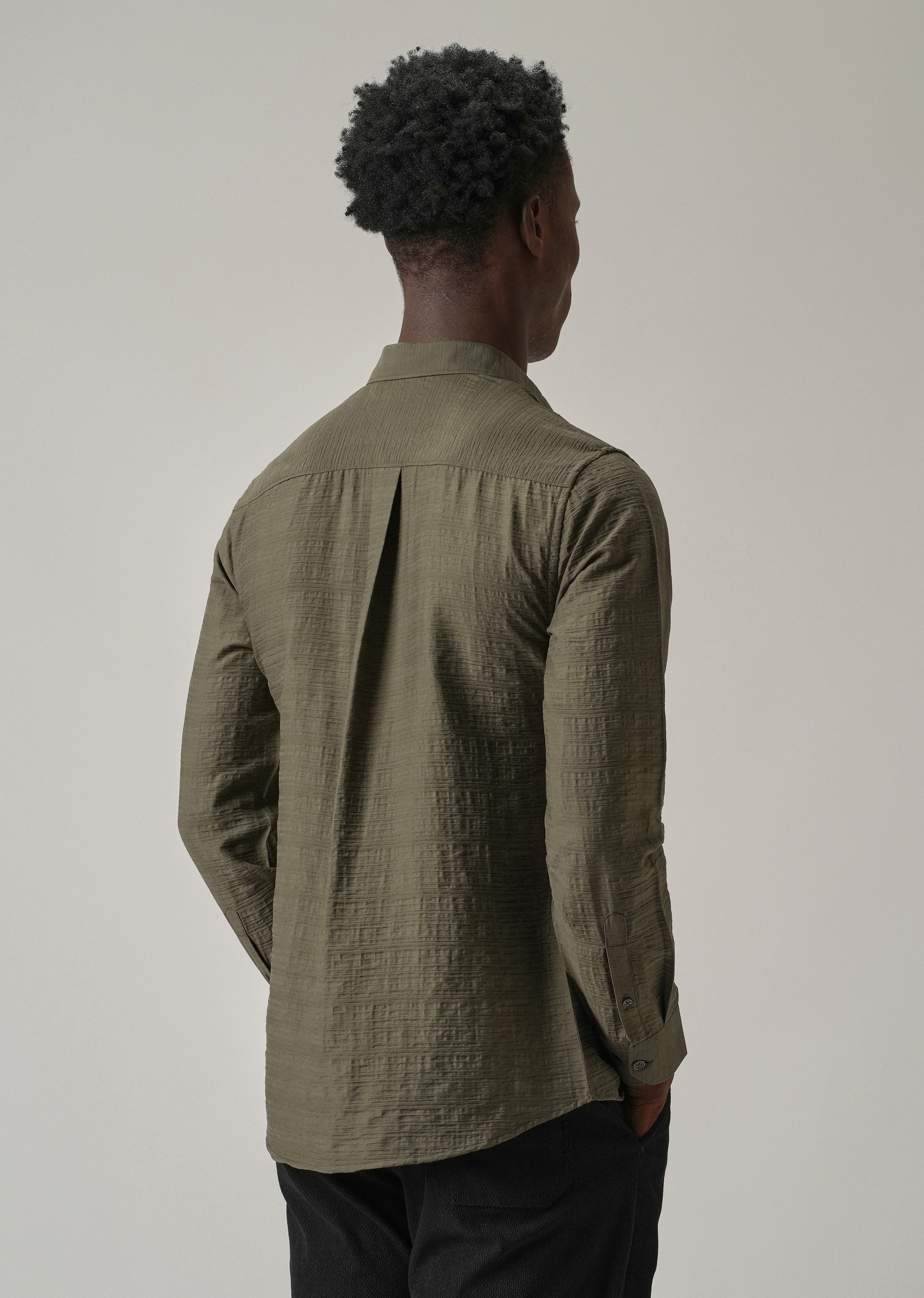 Olive Crushed Self Stripe Shirt - Image 2