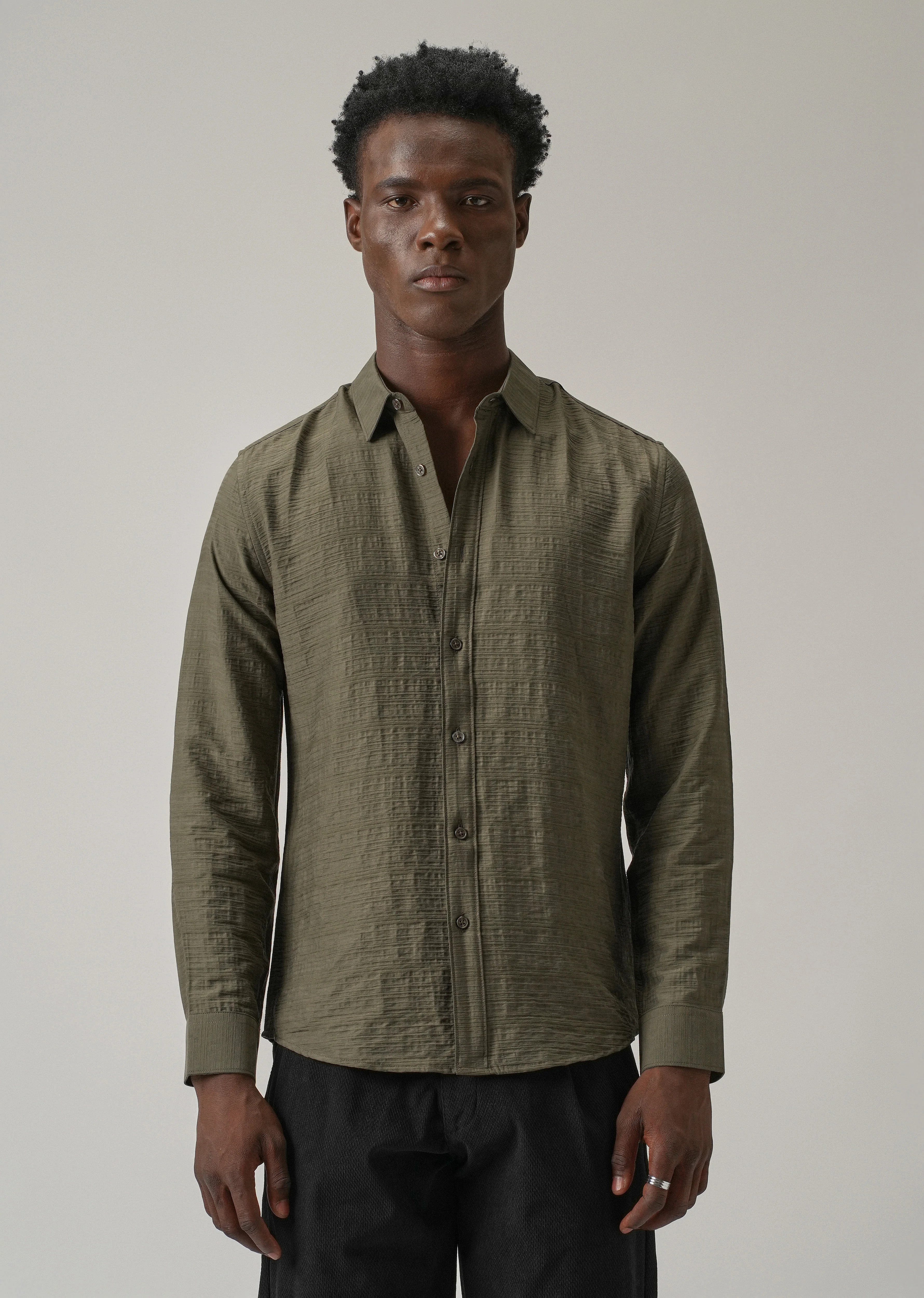 Olive Crushed Self Stripe Shirt - Image 3