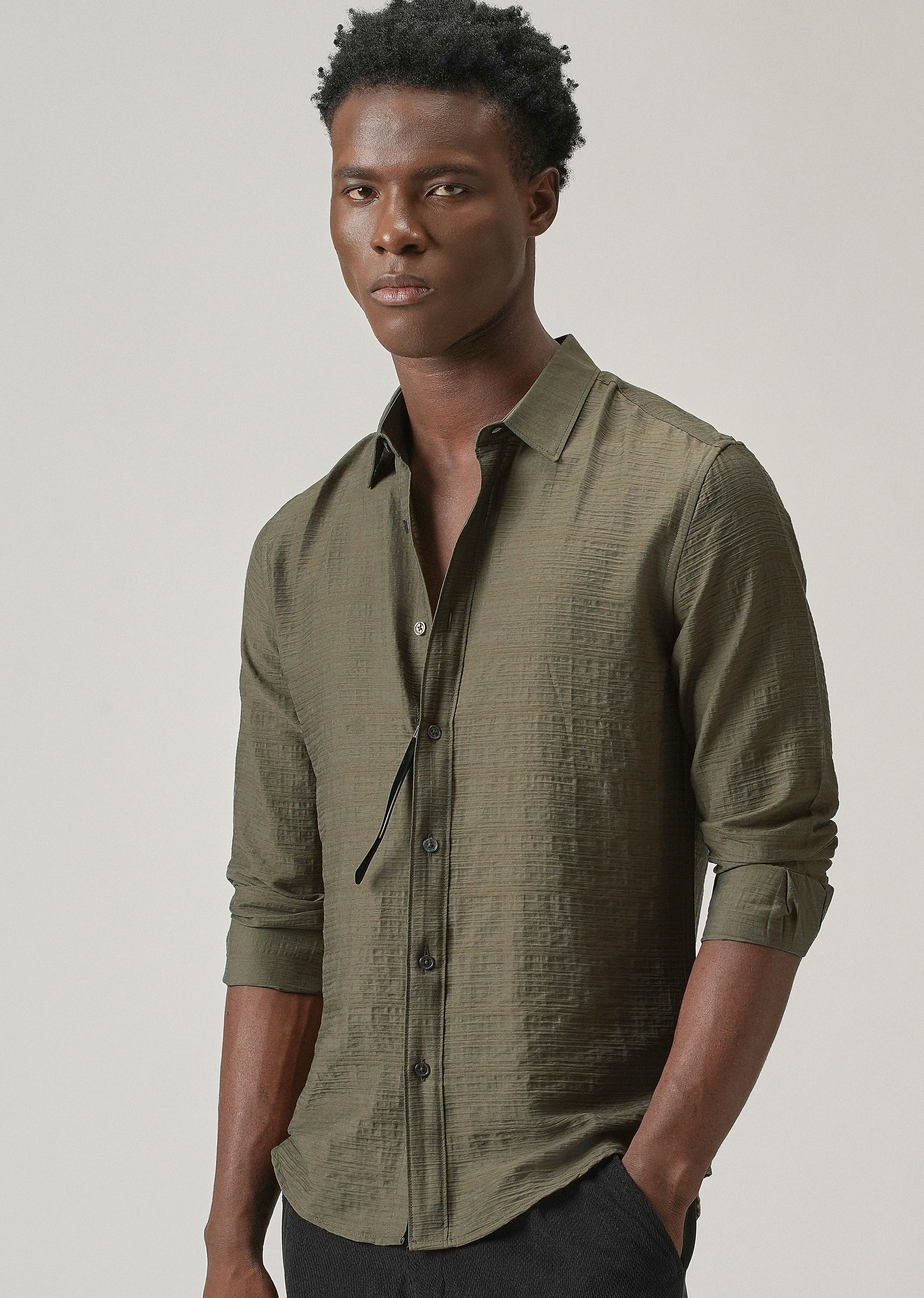 Olive Crushed Self Stripe Shirt - Image 7