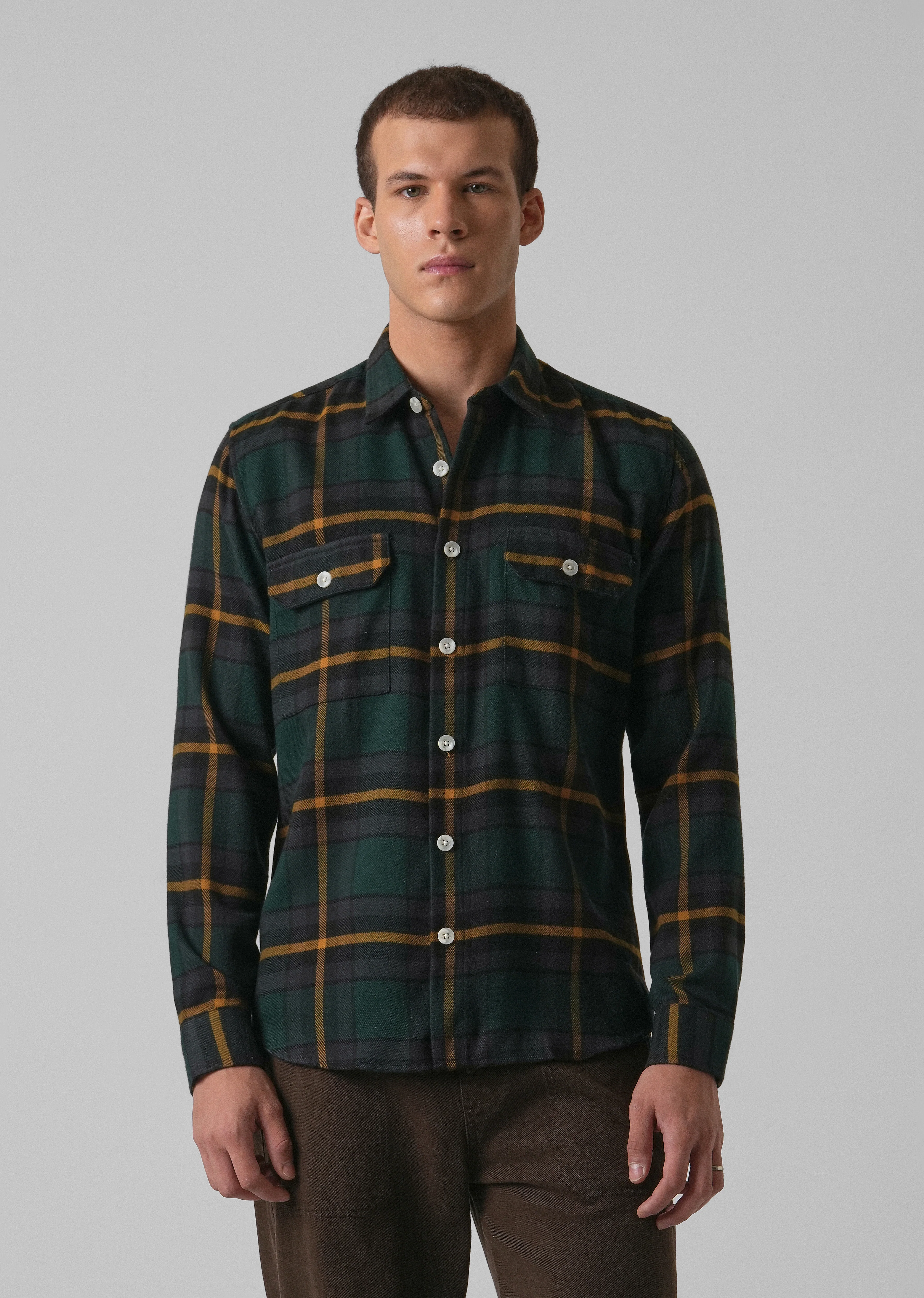 Olive Green Brushed Cotton Check Shirt - Image 3