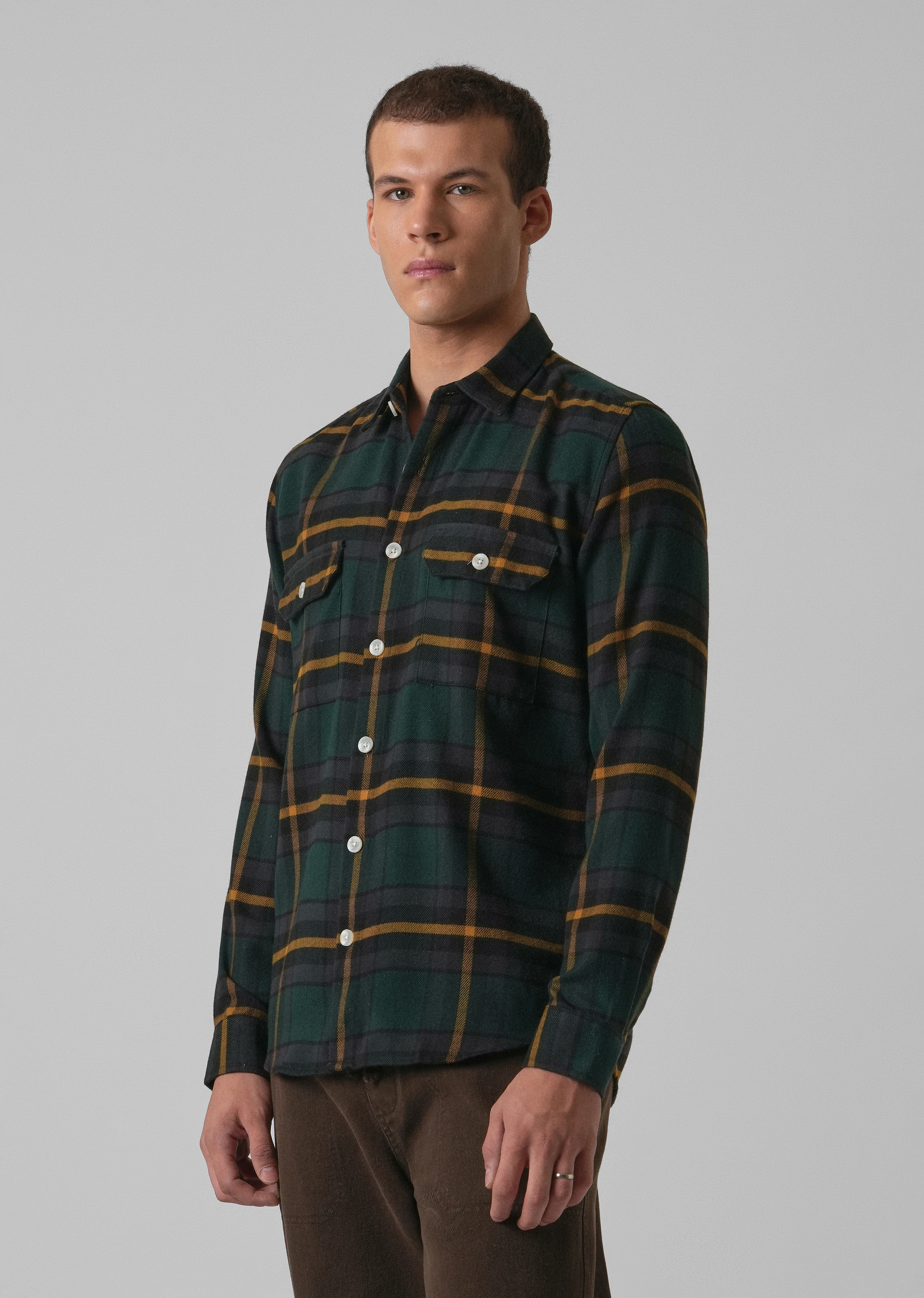 Olive Green Brushed Cotton Check Shirt - Image 4