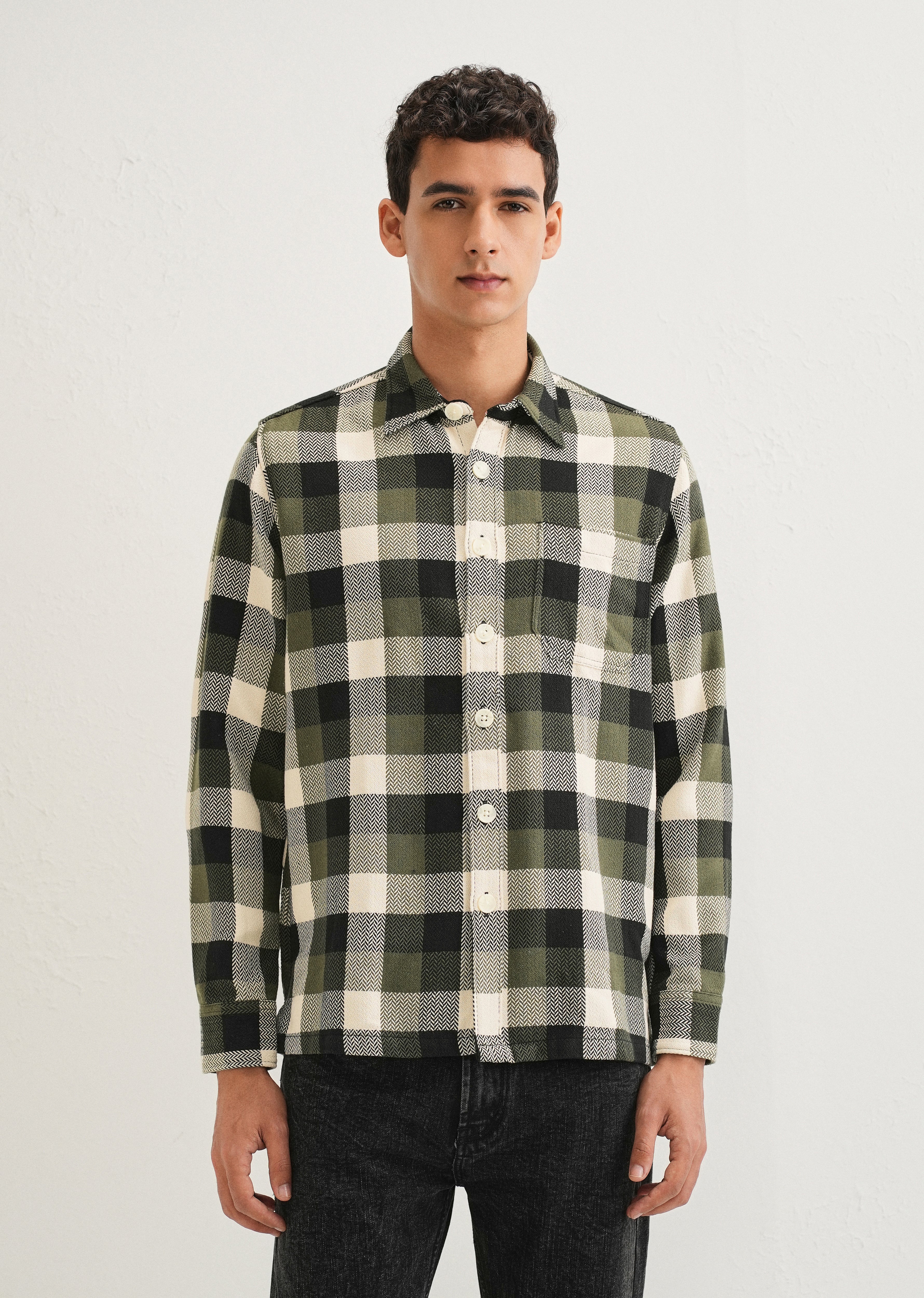 Olive Green Checked Overshirt - Image 3