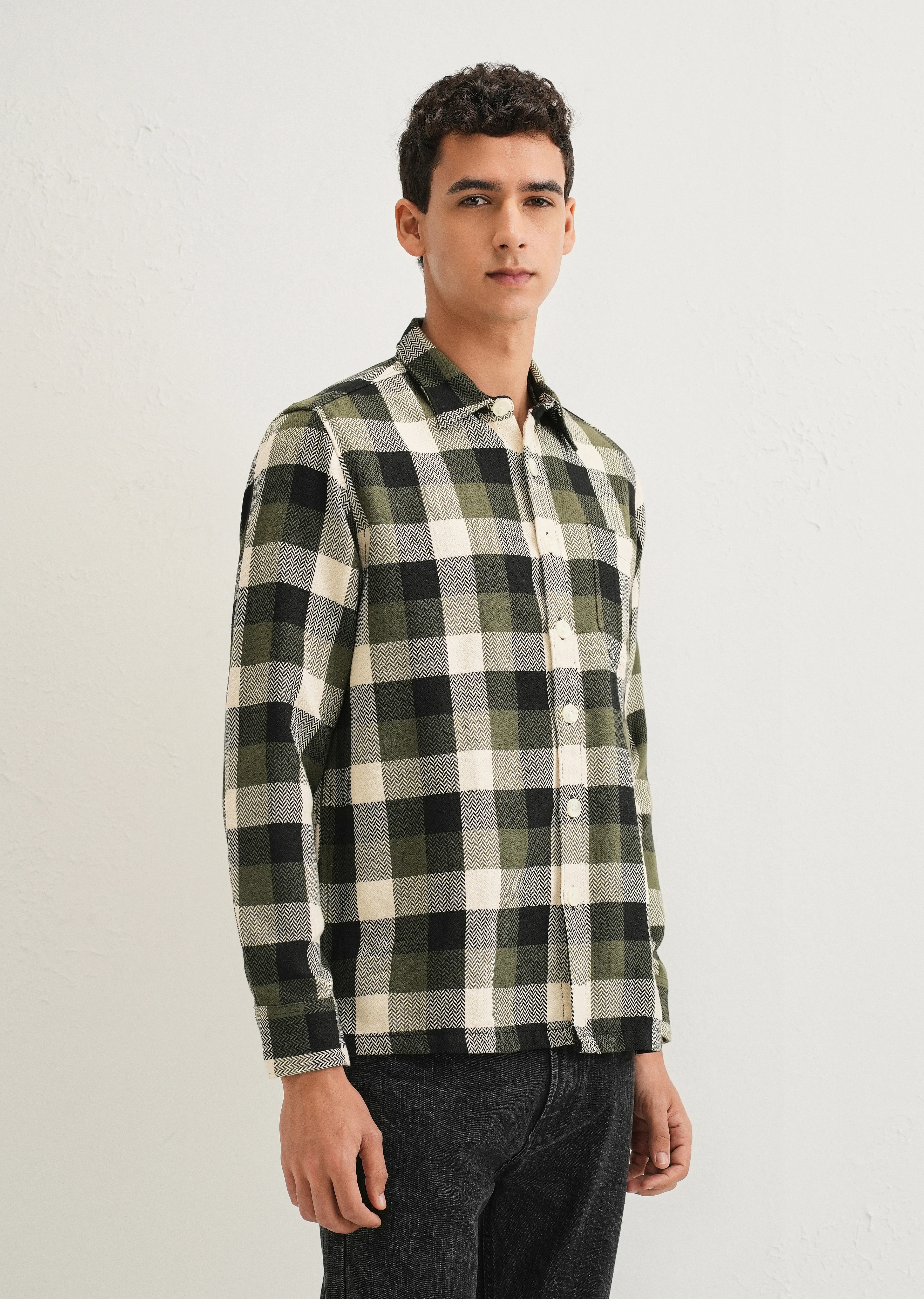 Olive Green Checked Overshirt - Image 4