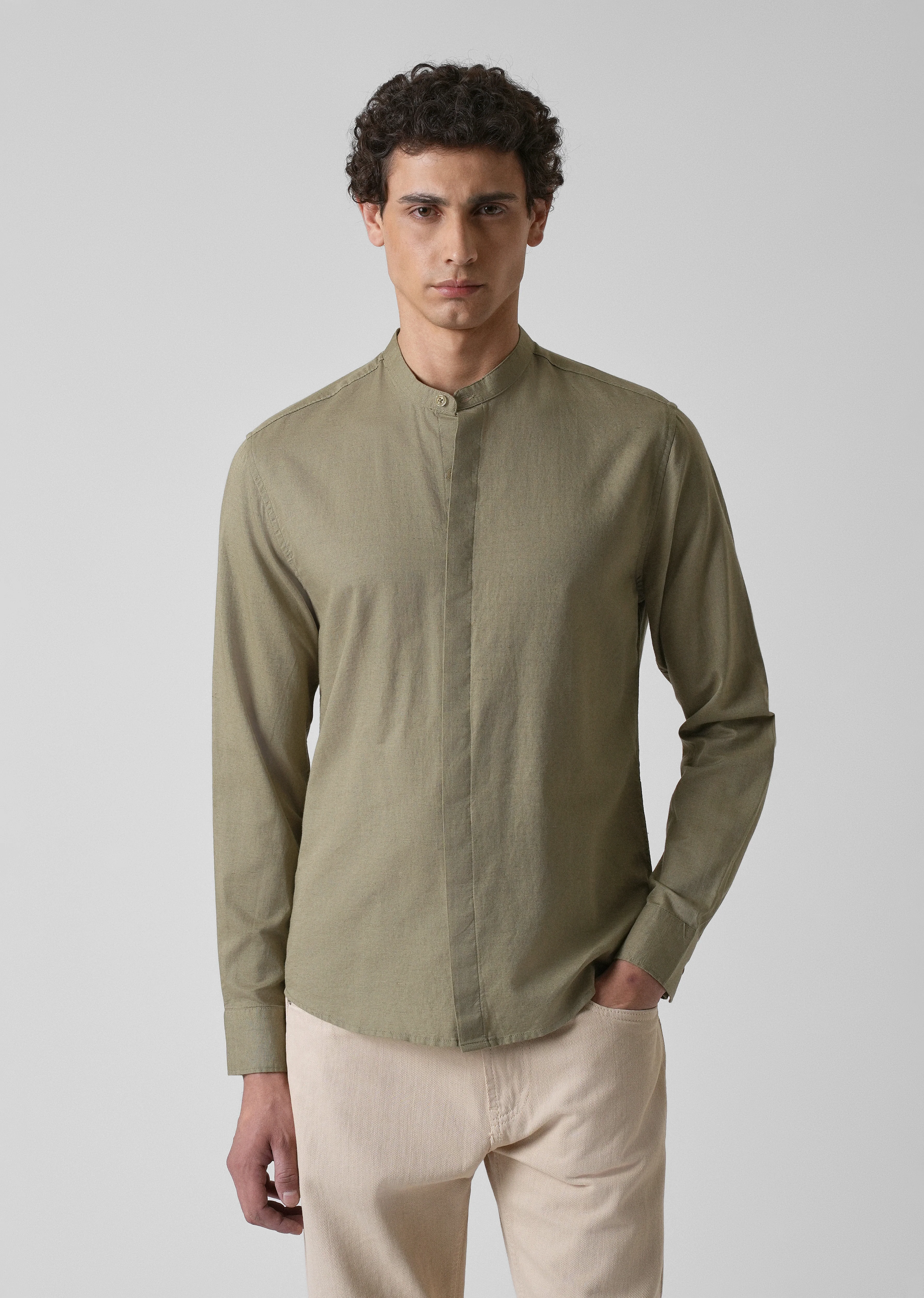 Olive Green Cotton Linen Shirt - Image 3
