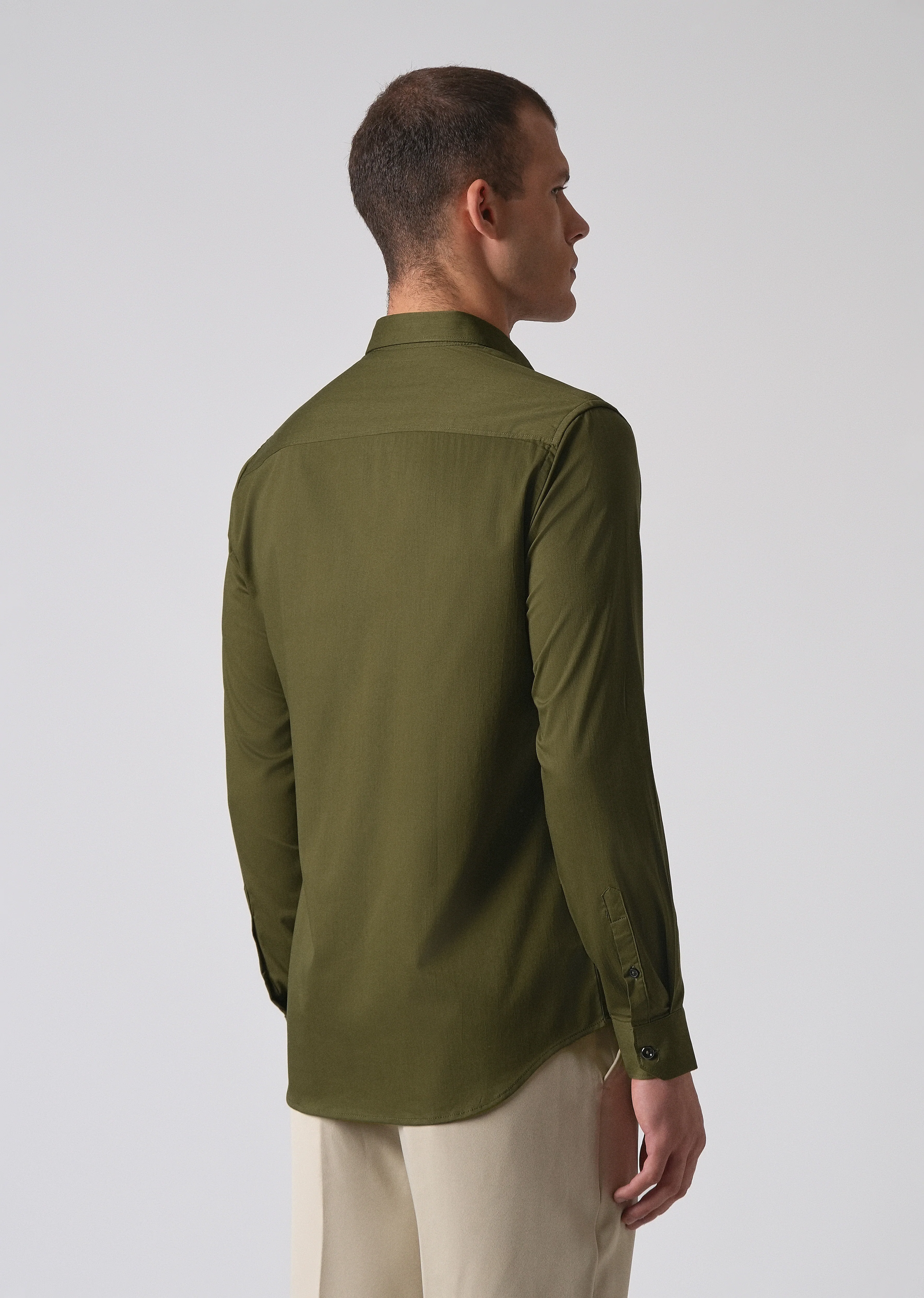 Olive Green Cotton Stretch Plain Shirt - Image 2