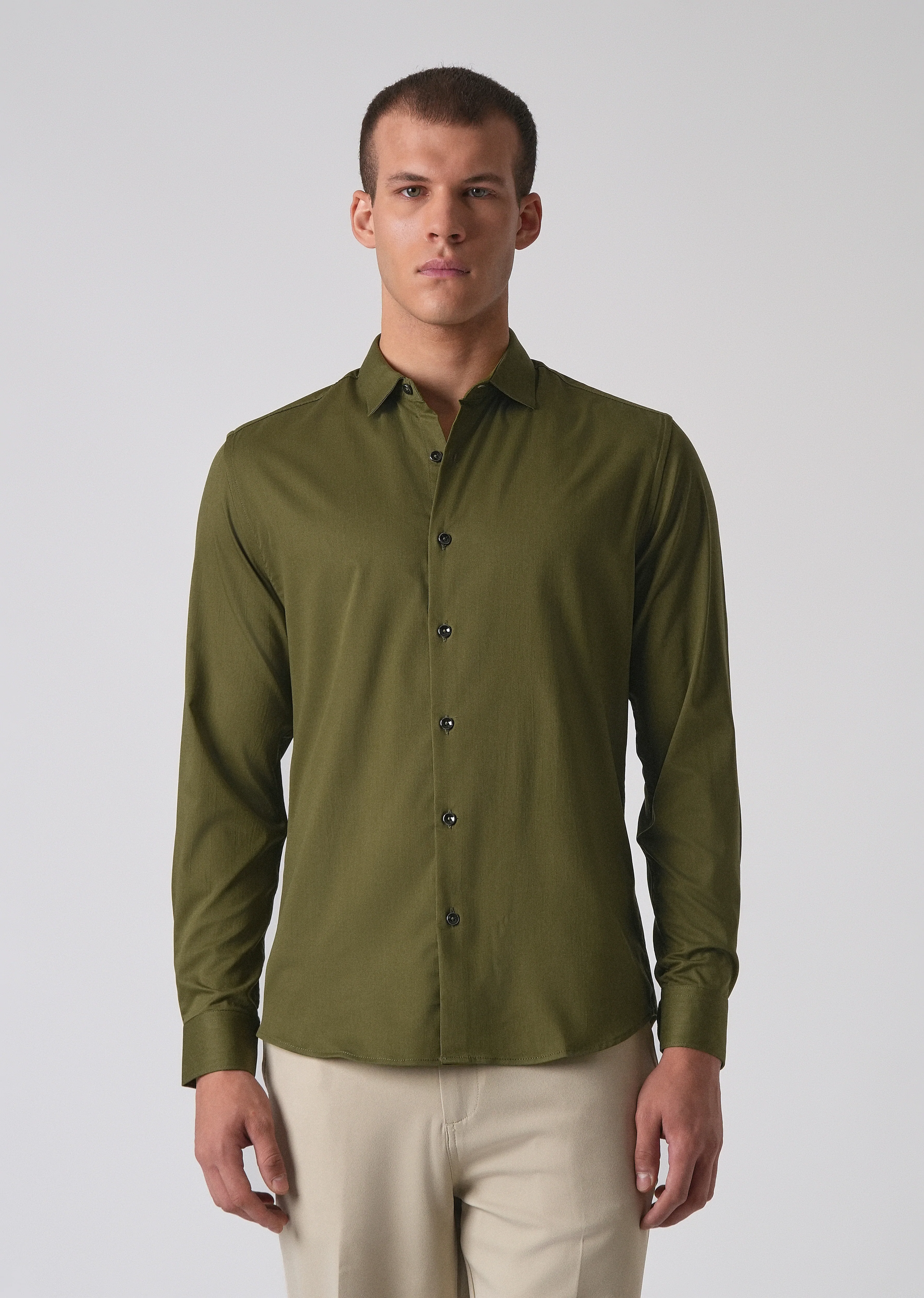 Olive Green Cotton Stretch Plain Shirt - Image 4
