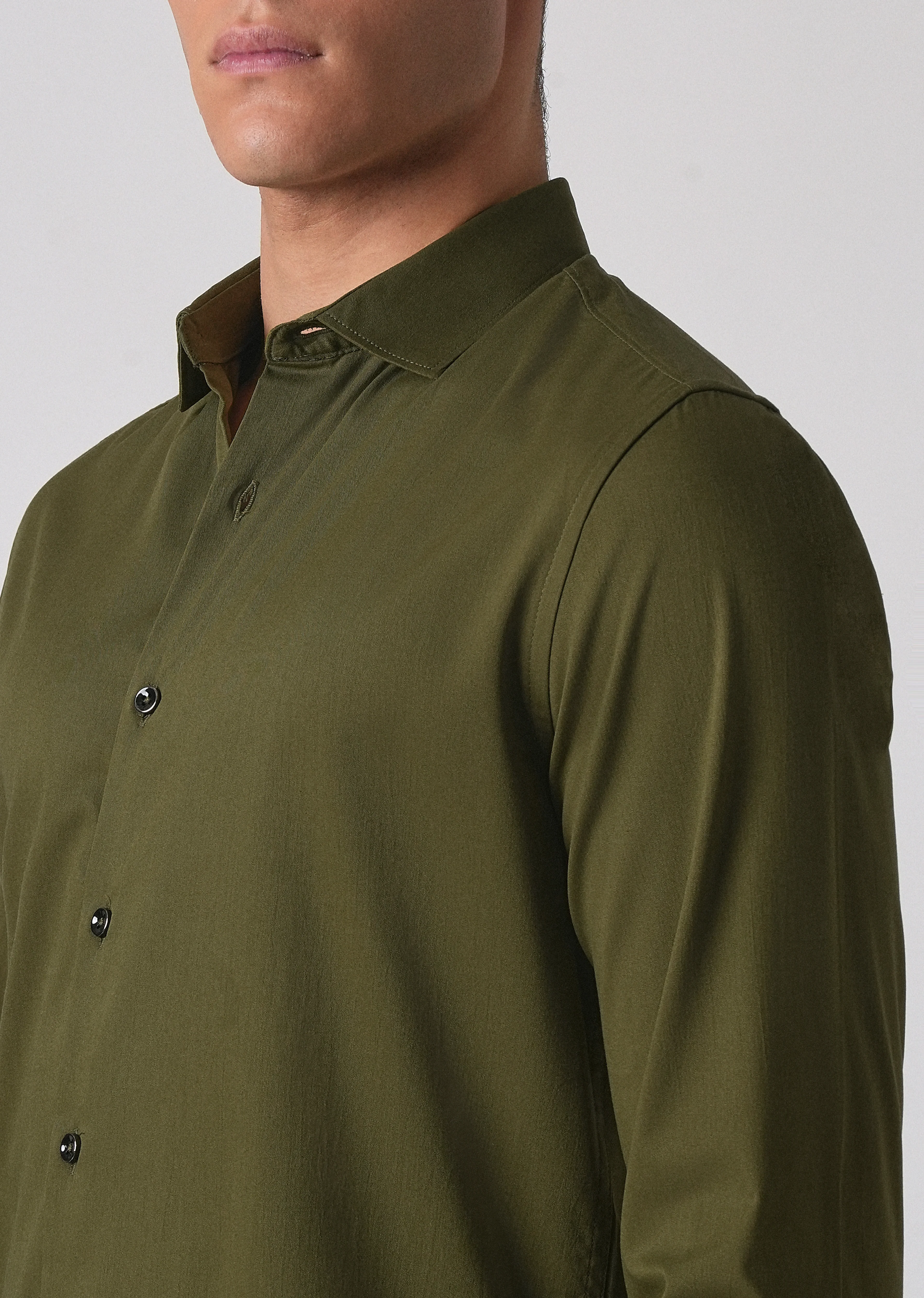 Olive Green Cotton Stretch Plain Shirt - Image 5