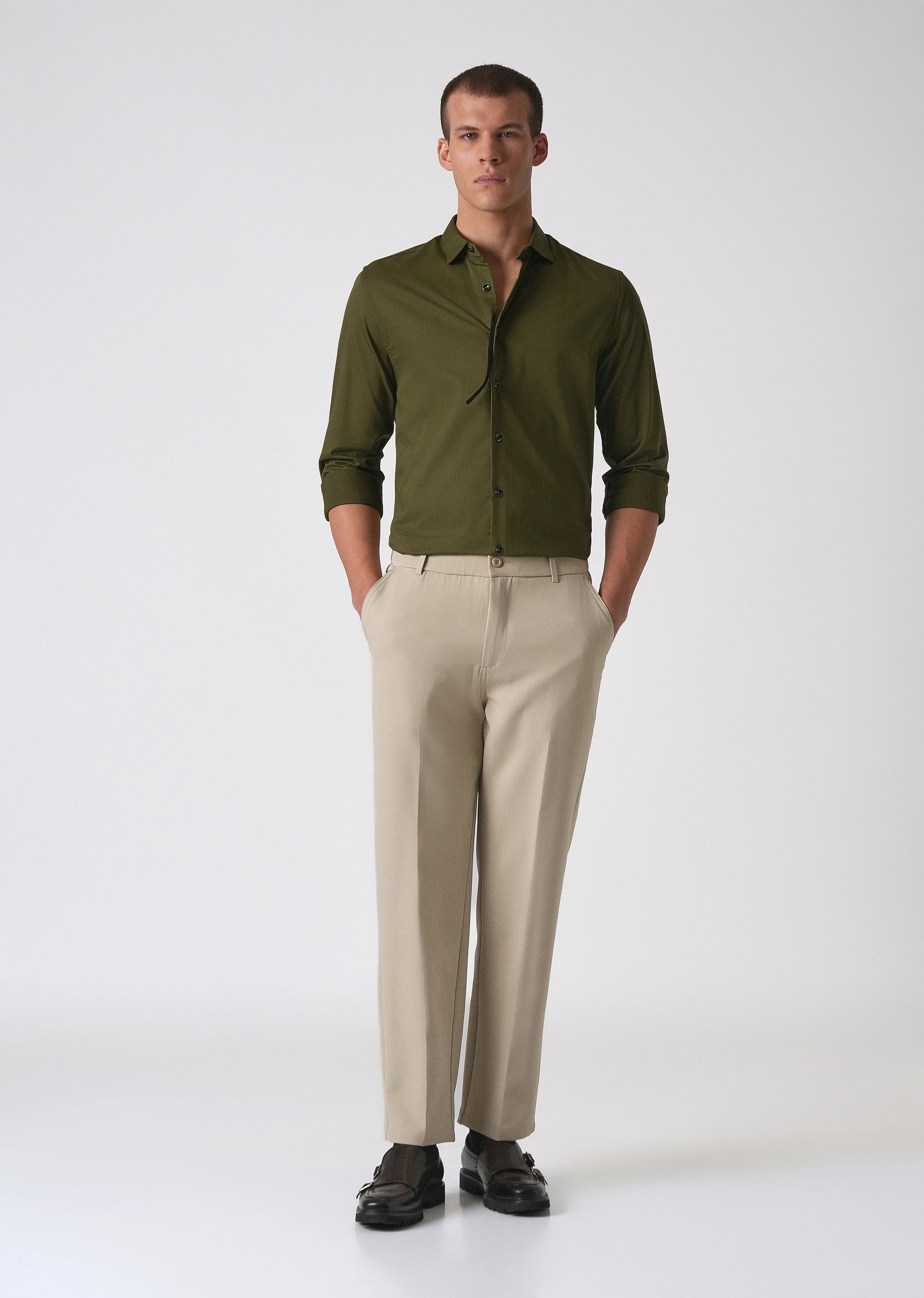 Olive Green Cotton Stretch Plain Shirt - Image 6