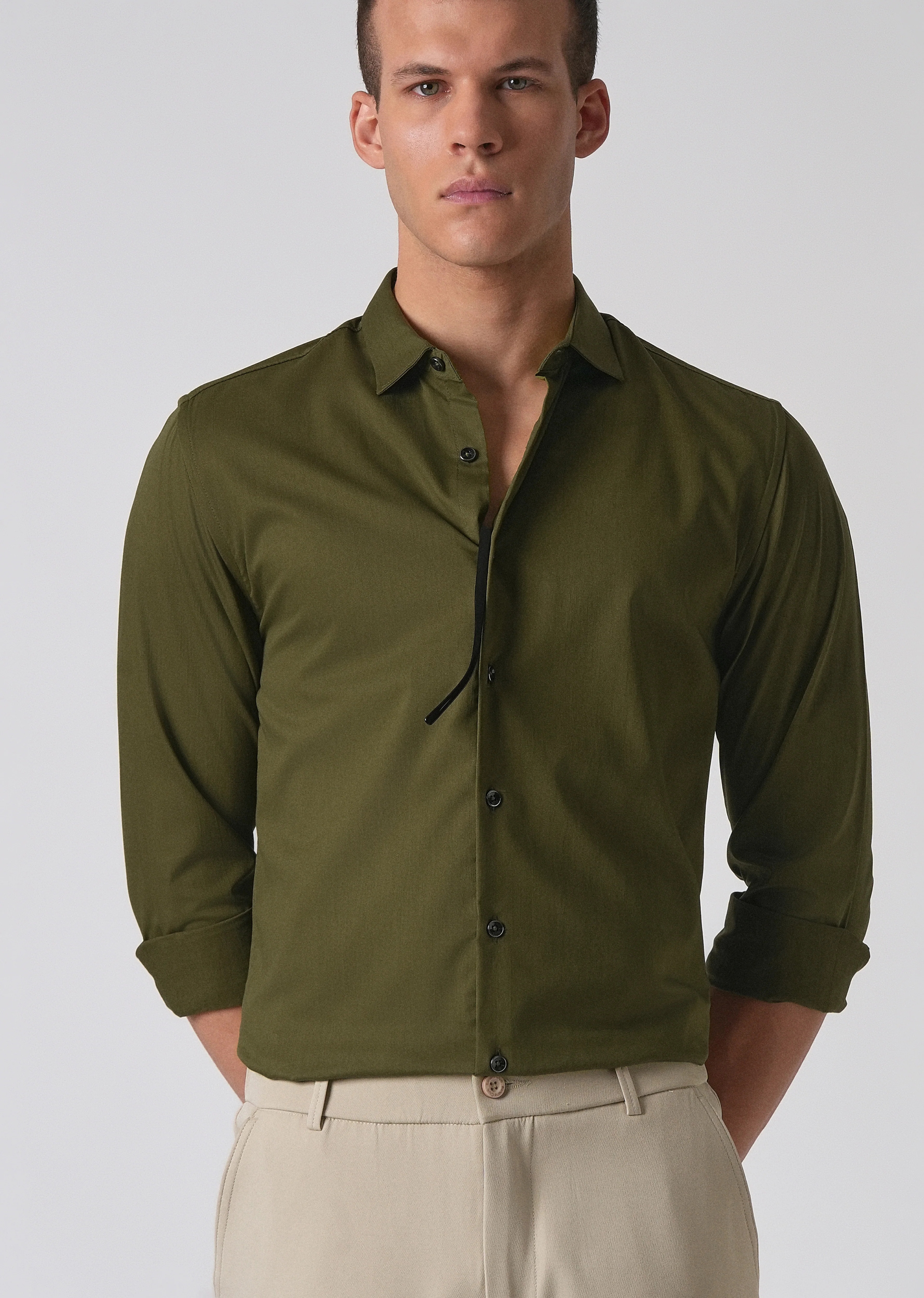 Olive Green Cotton Stretch Plain Shirt - Image 7