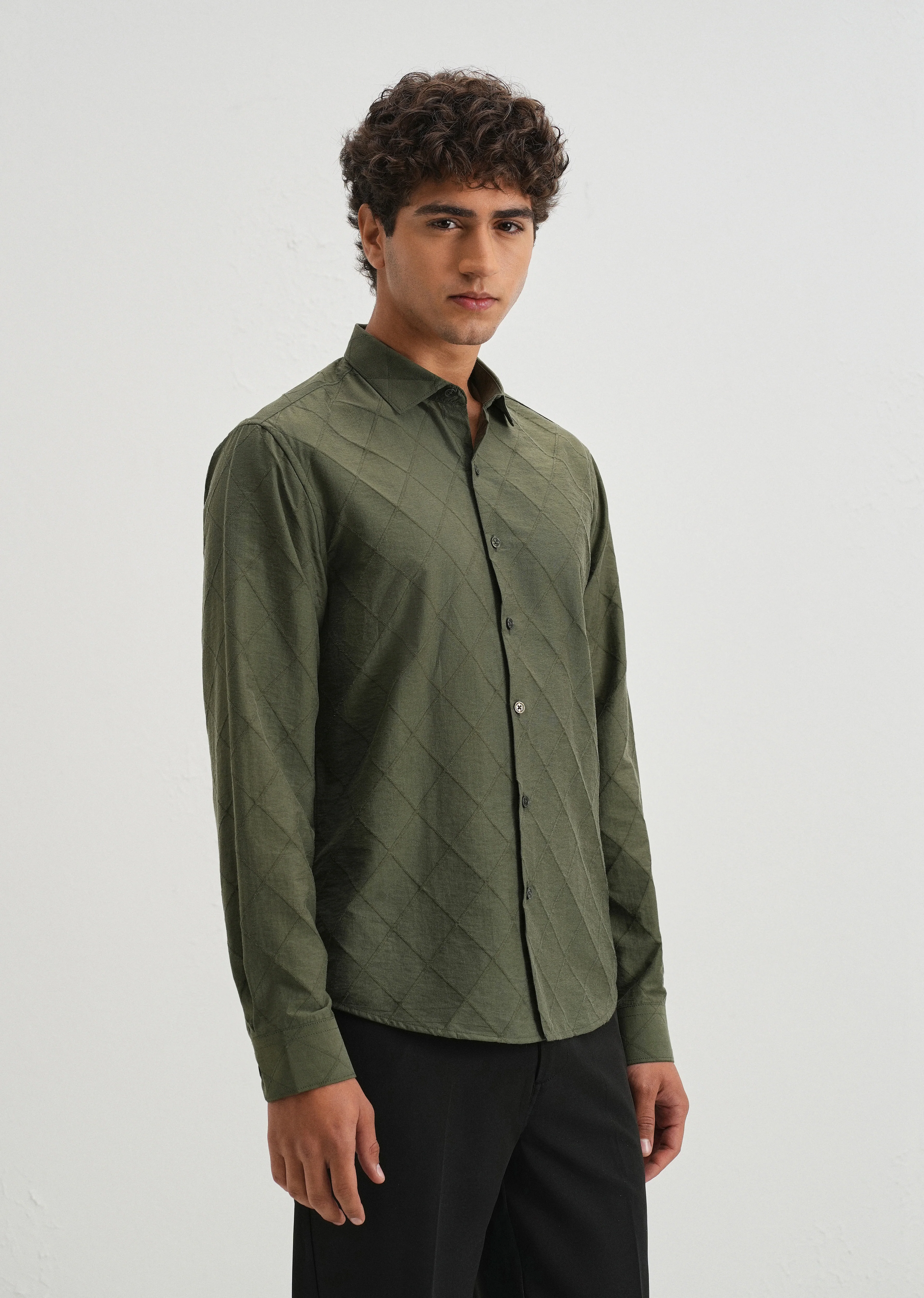 Olive Green Diamond Self Pattern Shirt - Image 4