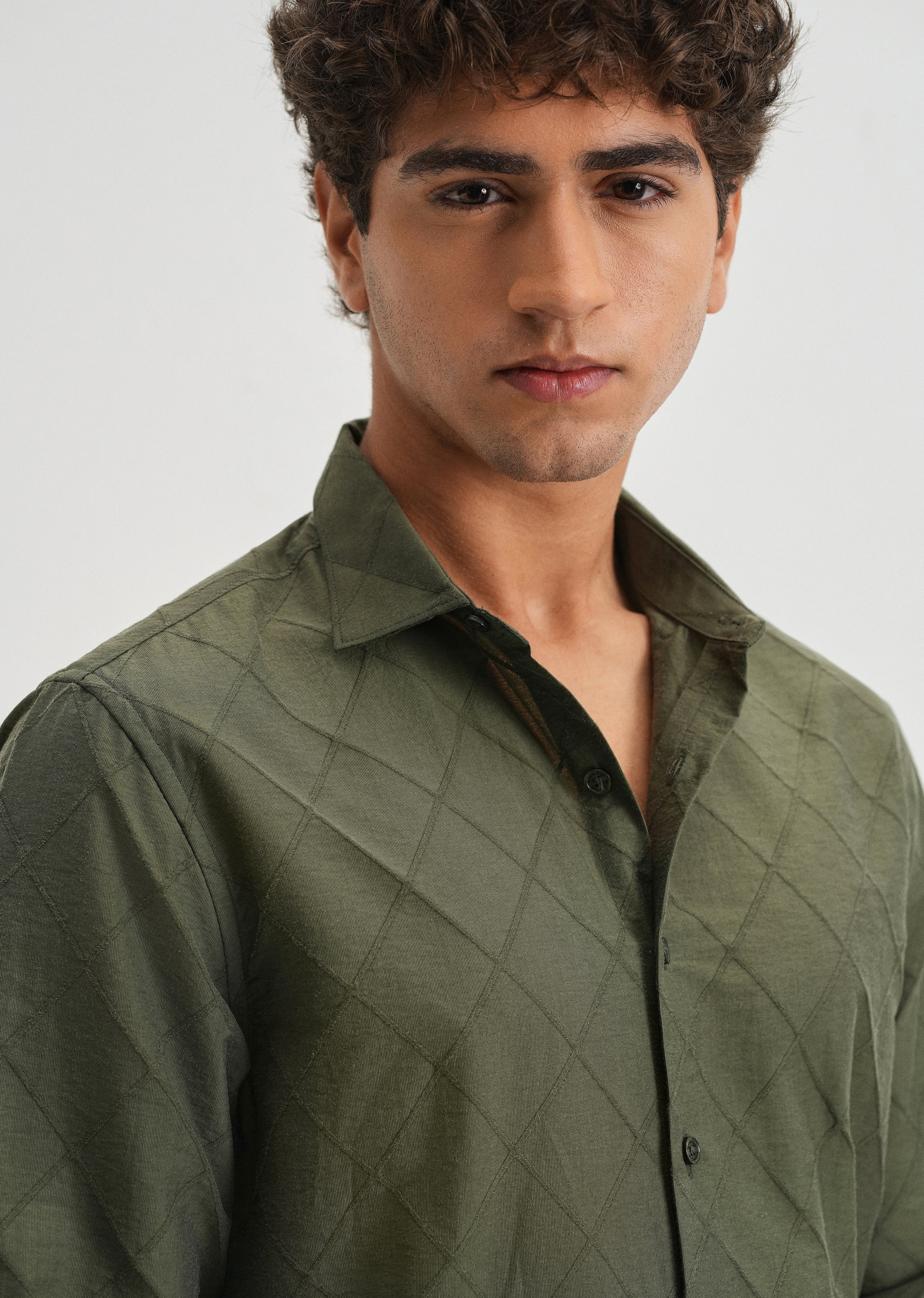 Olive Green Diamond Self Pattern Shirt - Image 5