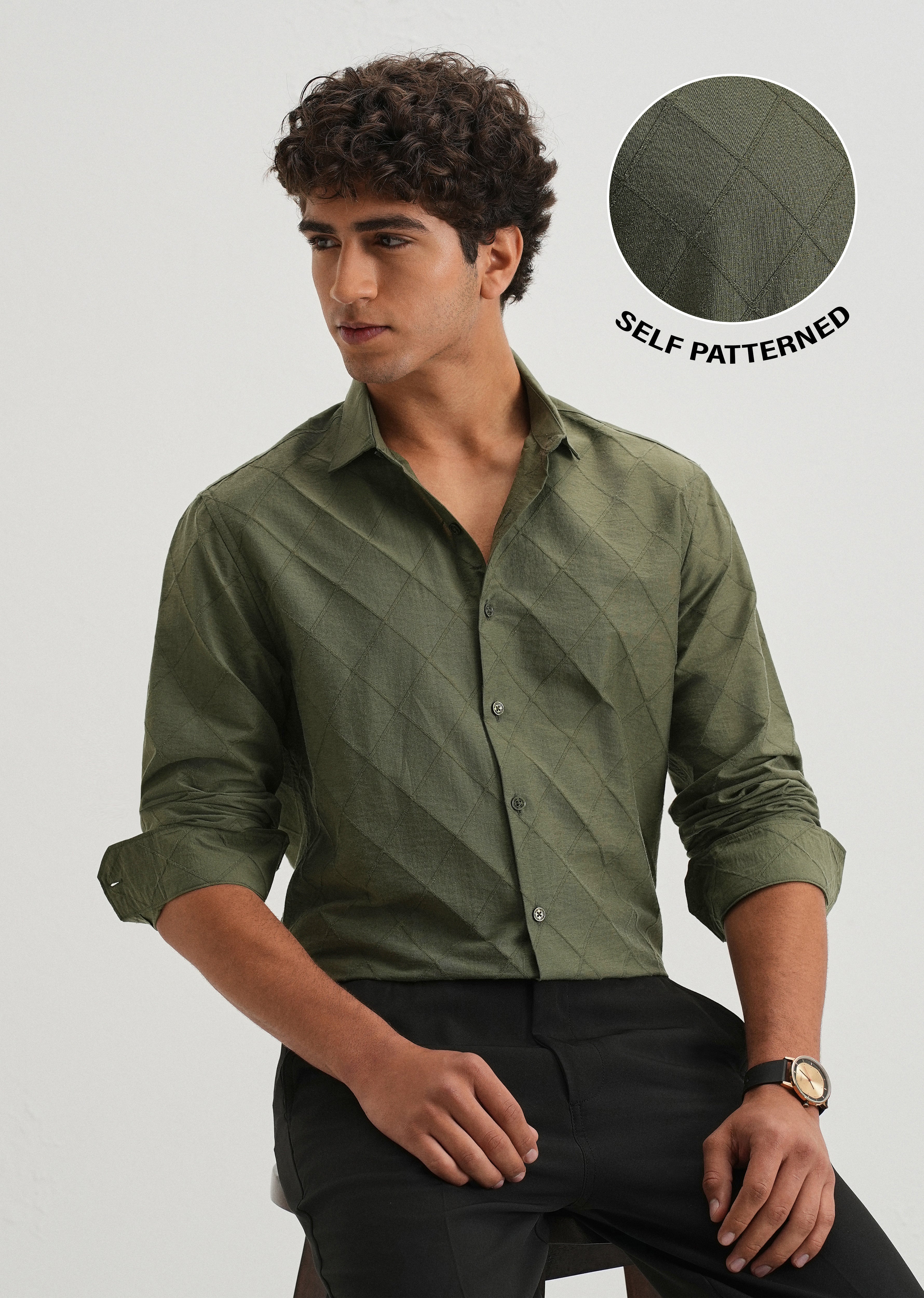 Olive Green Diamond Self Pattern Shirt - Image 7