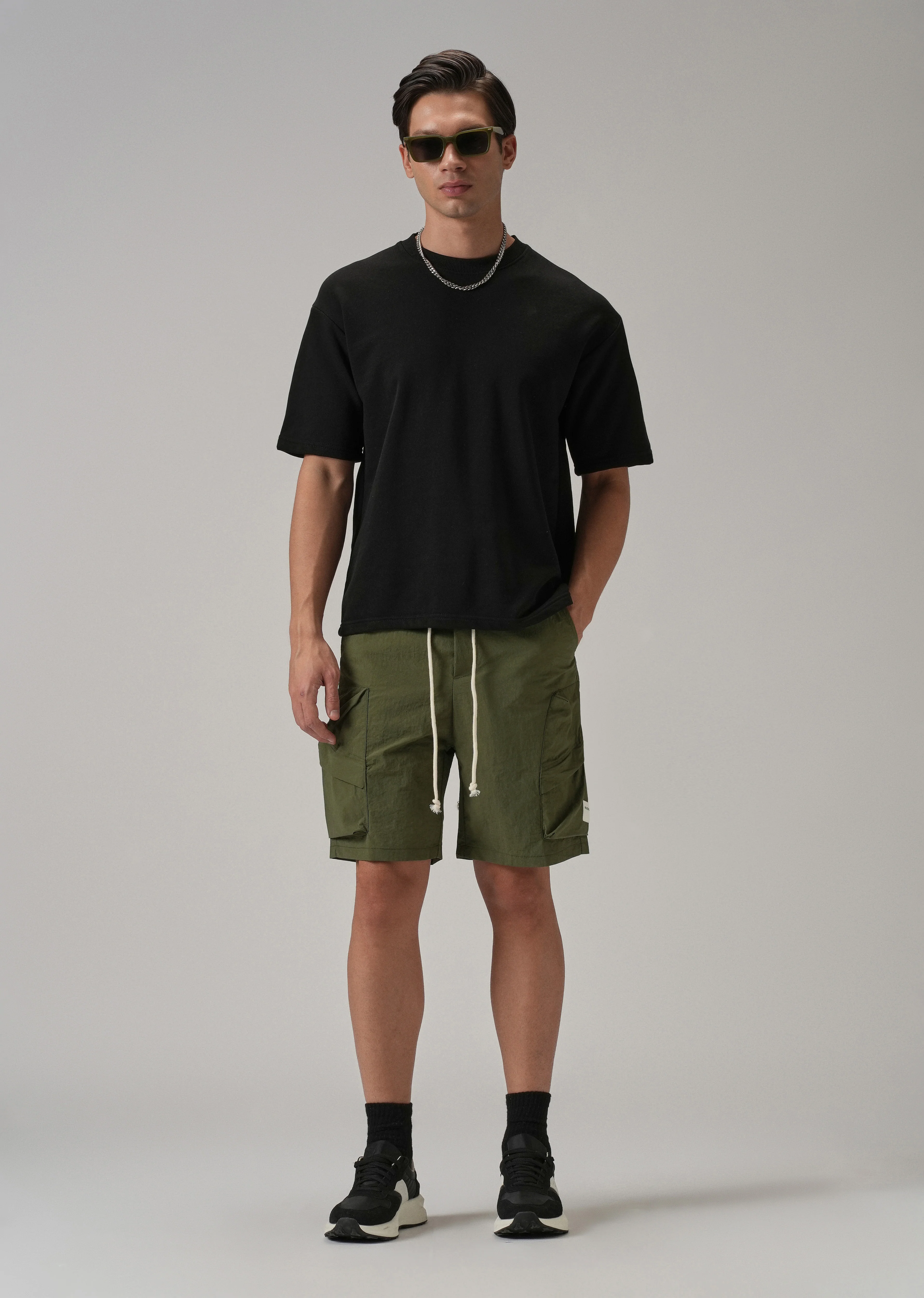 Olive Green Drawstring Cargo Shorts - Image 5