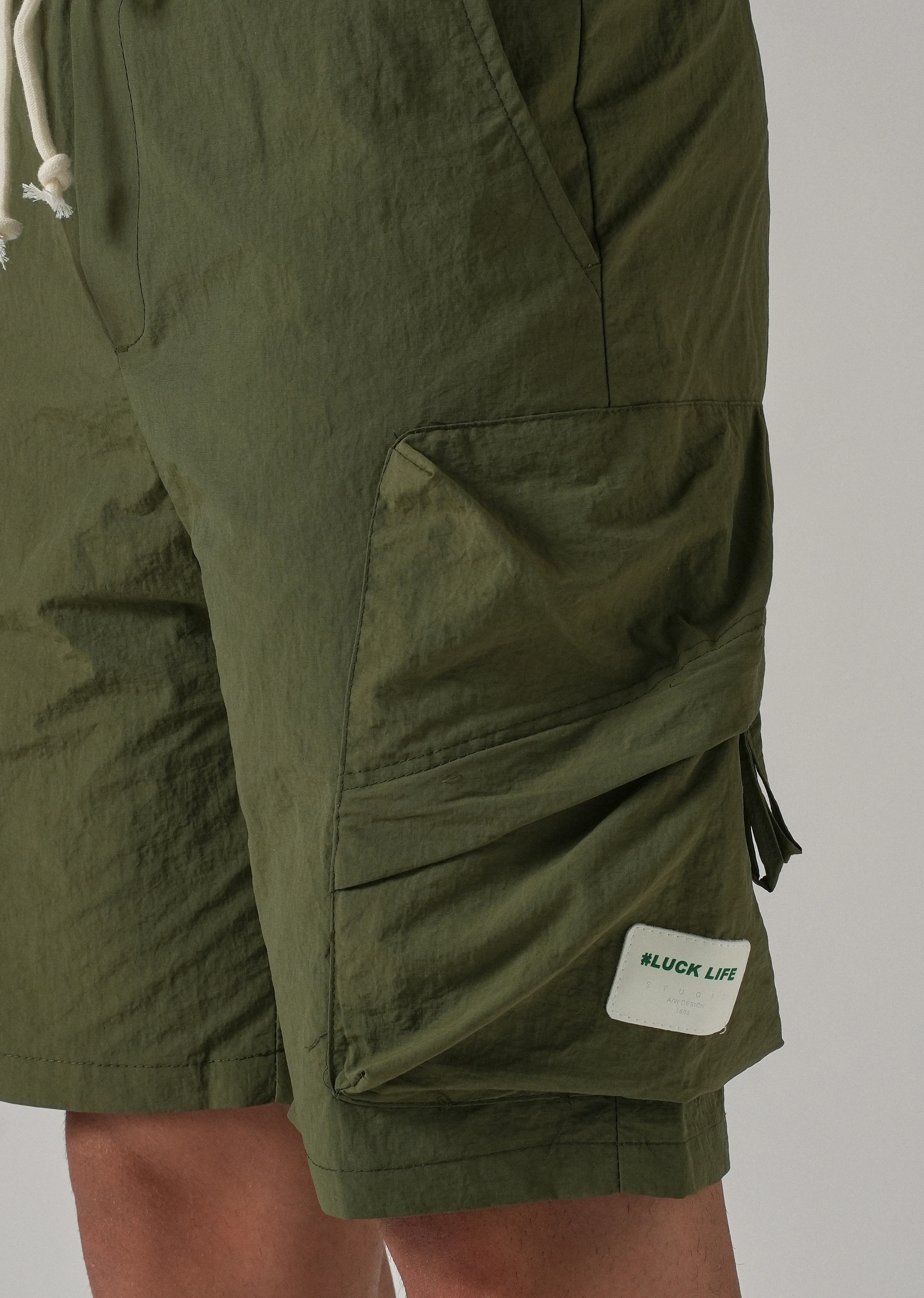 Olive Green Drawstring Cargo Shorts - Image 6