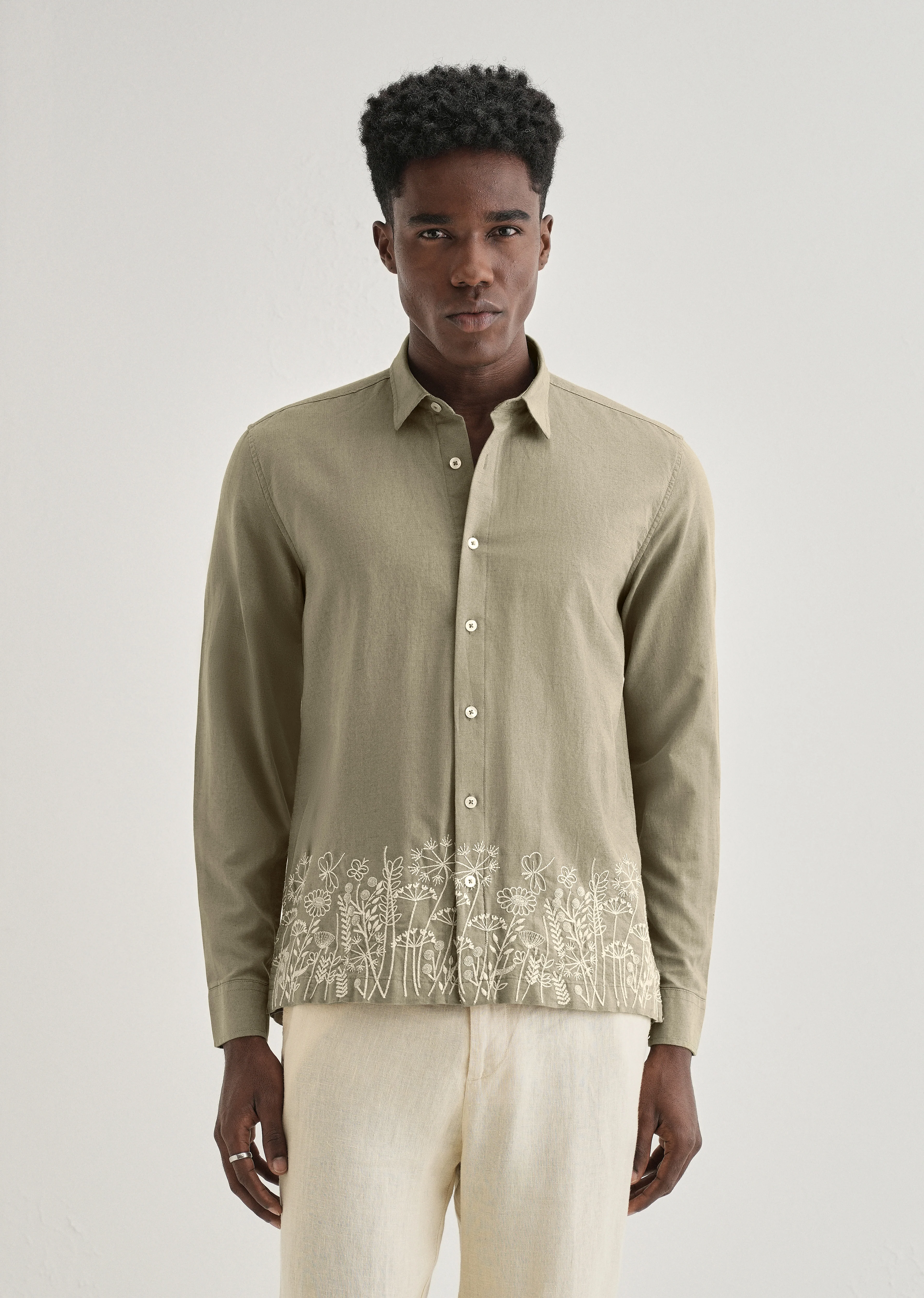Olive Green Embroidered Cotton Linen Shirt - Image 4