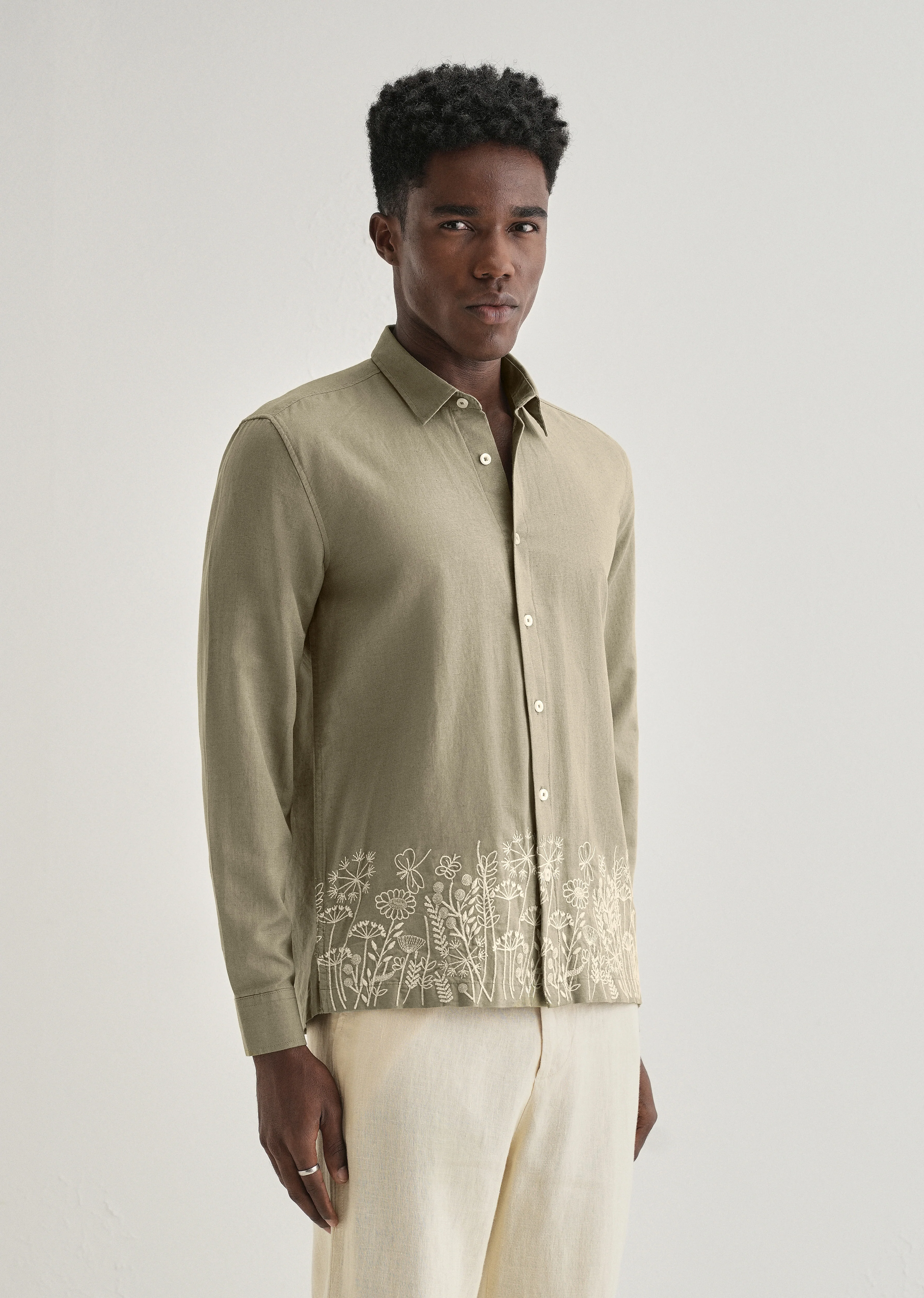 Olive Green Embroidered Cotton Linen Shirt - Image 5
