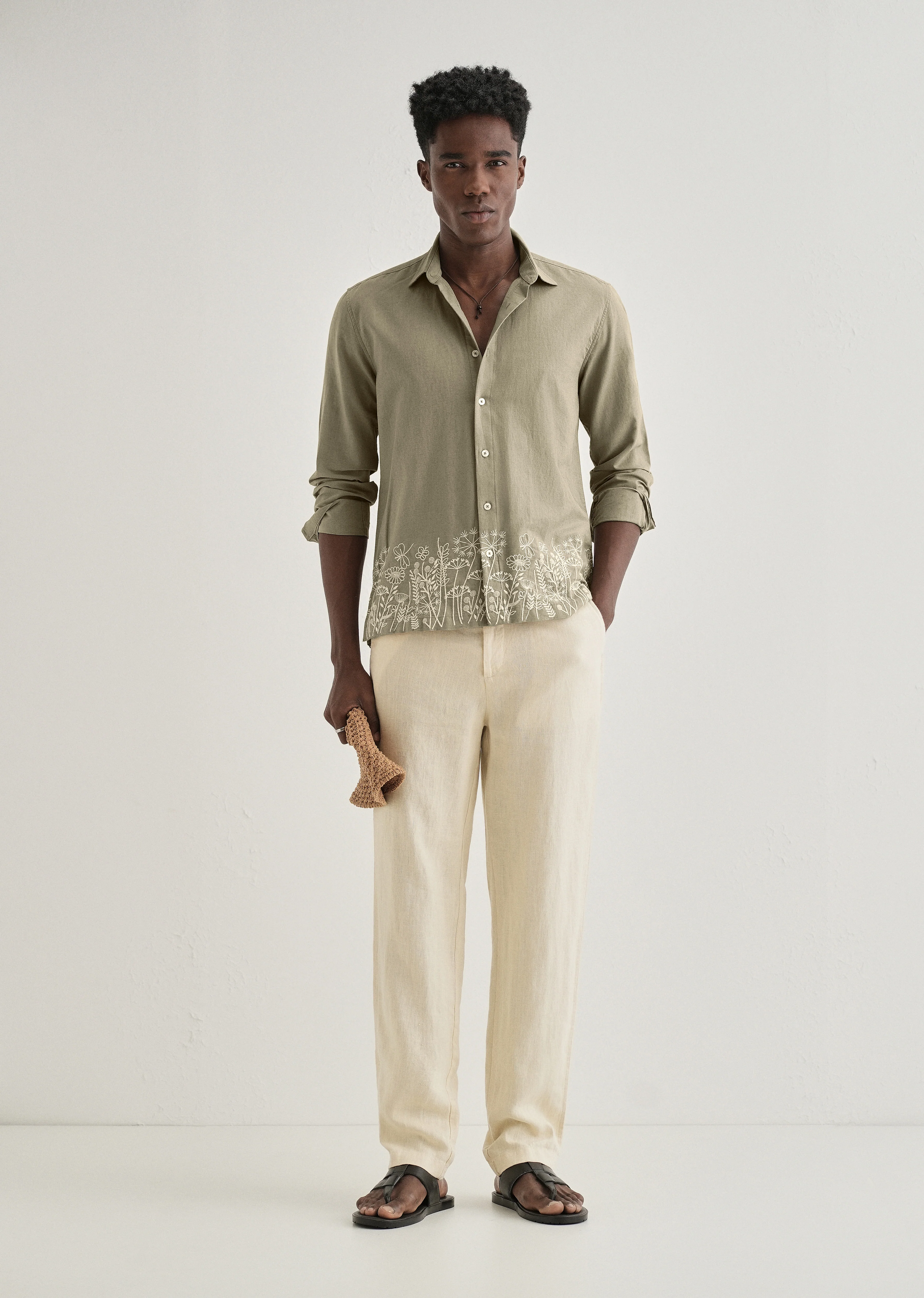 Olive Green Embroidered Cotton Linen Shirt - Image 6