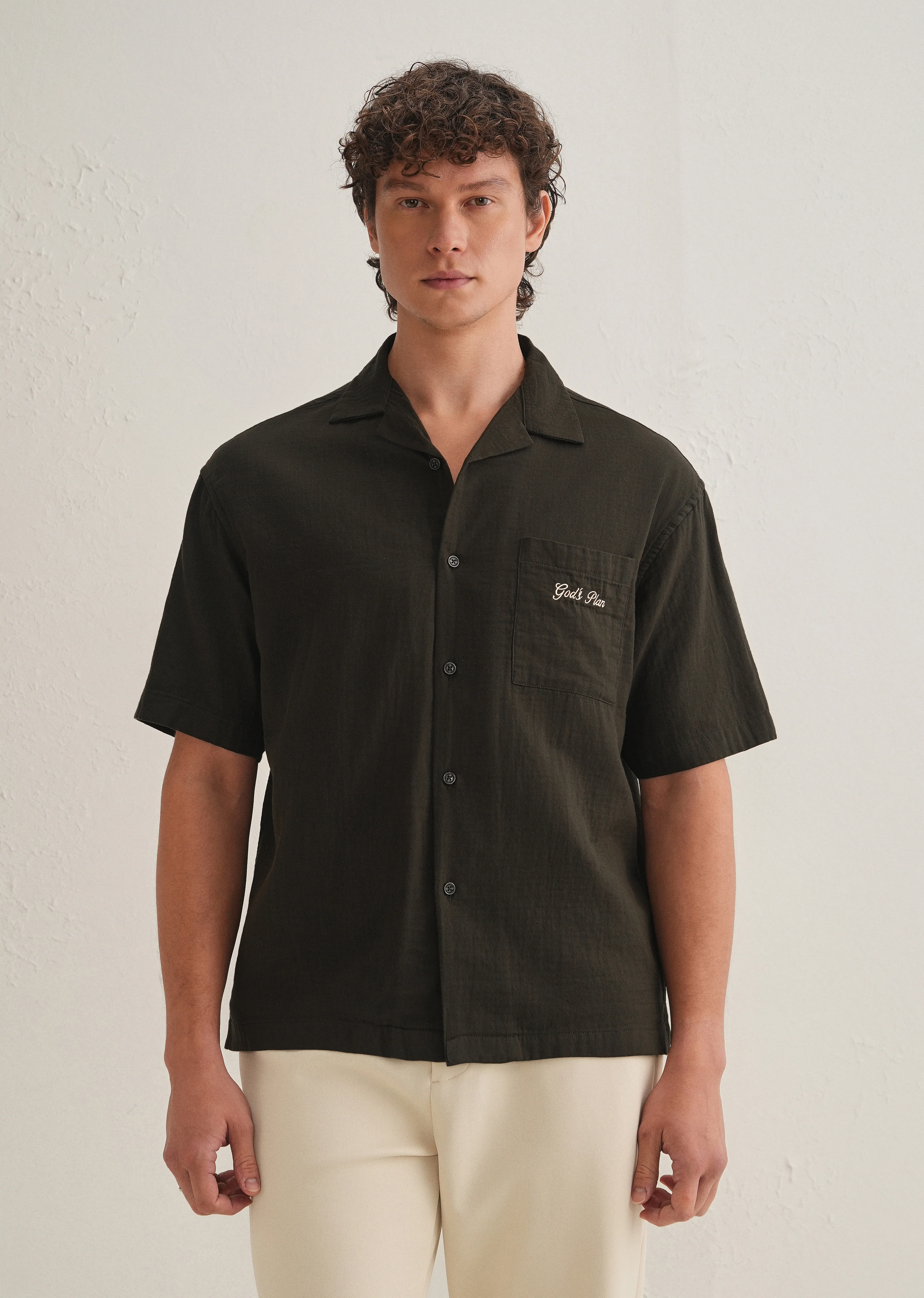 Olive Green Embroidered Double Cloth Cotton Shirt - Image 3