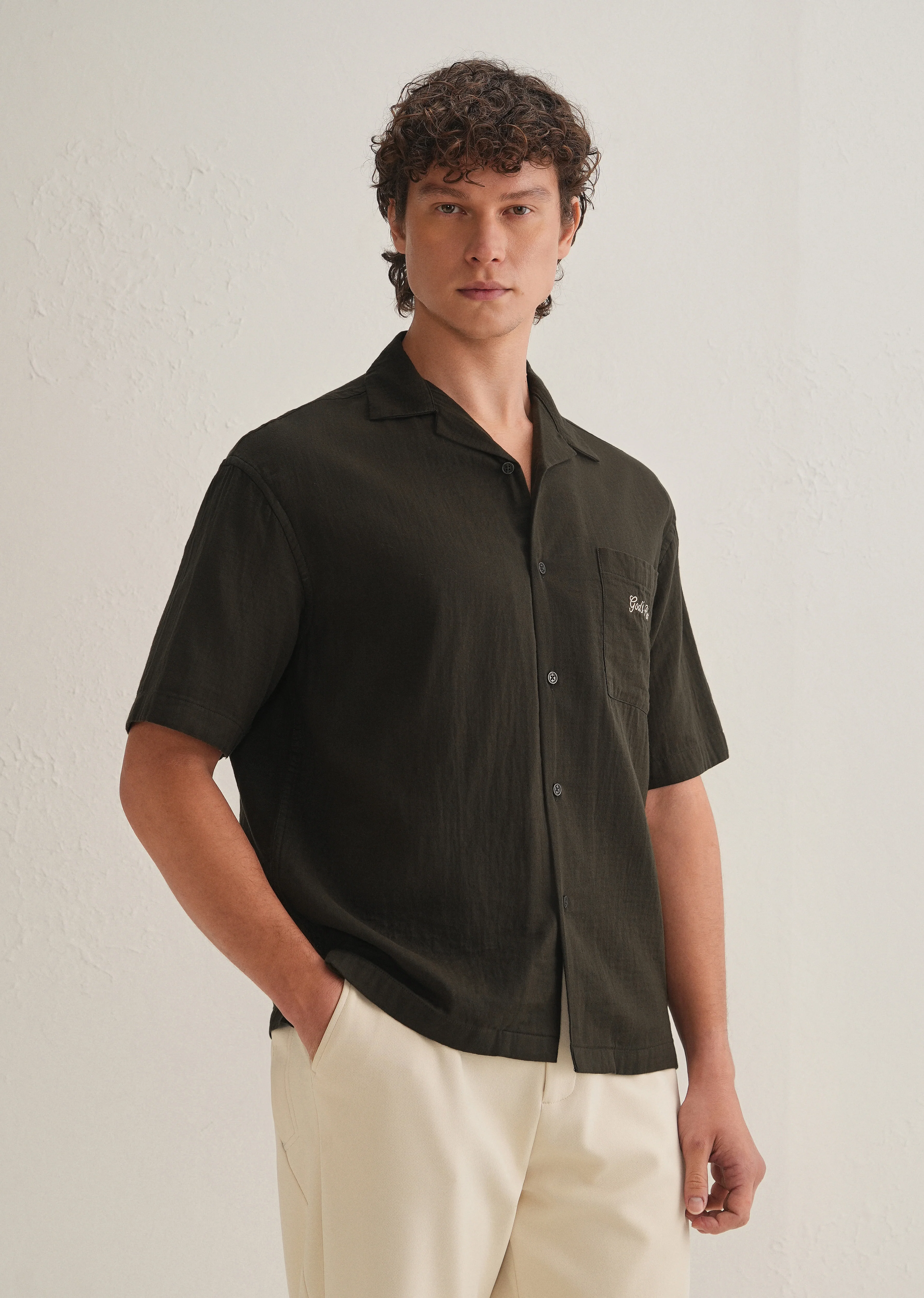 Olive Green Embroidered Double Cloth Cotton Shirt - Image 5