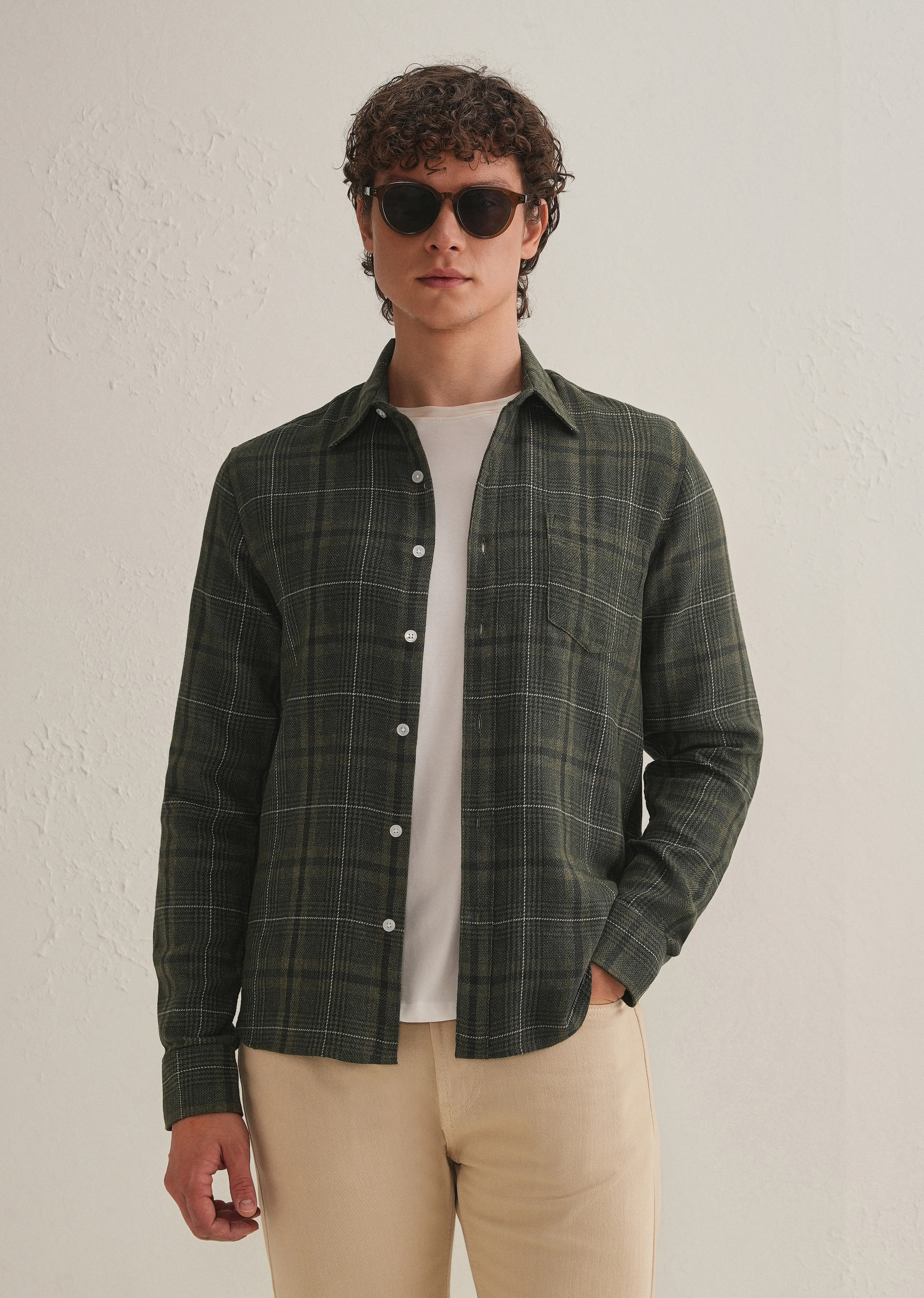 Olive Green Glen Plaid Check Shirt - Image 3
