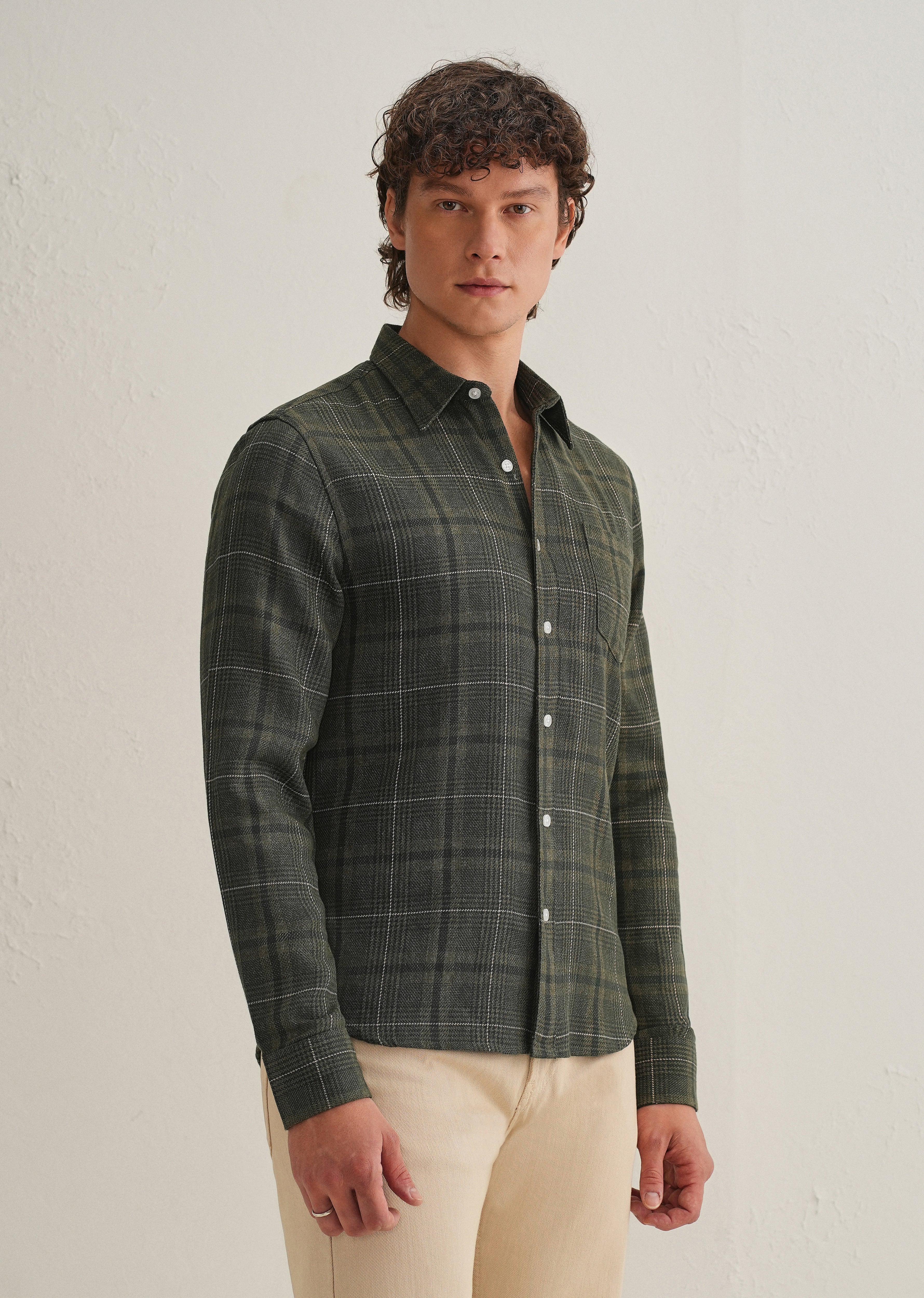 Olive Green Glen Plaid Check Shirt - Image 7
