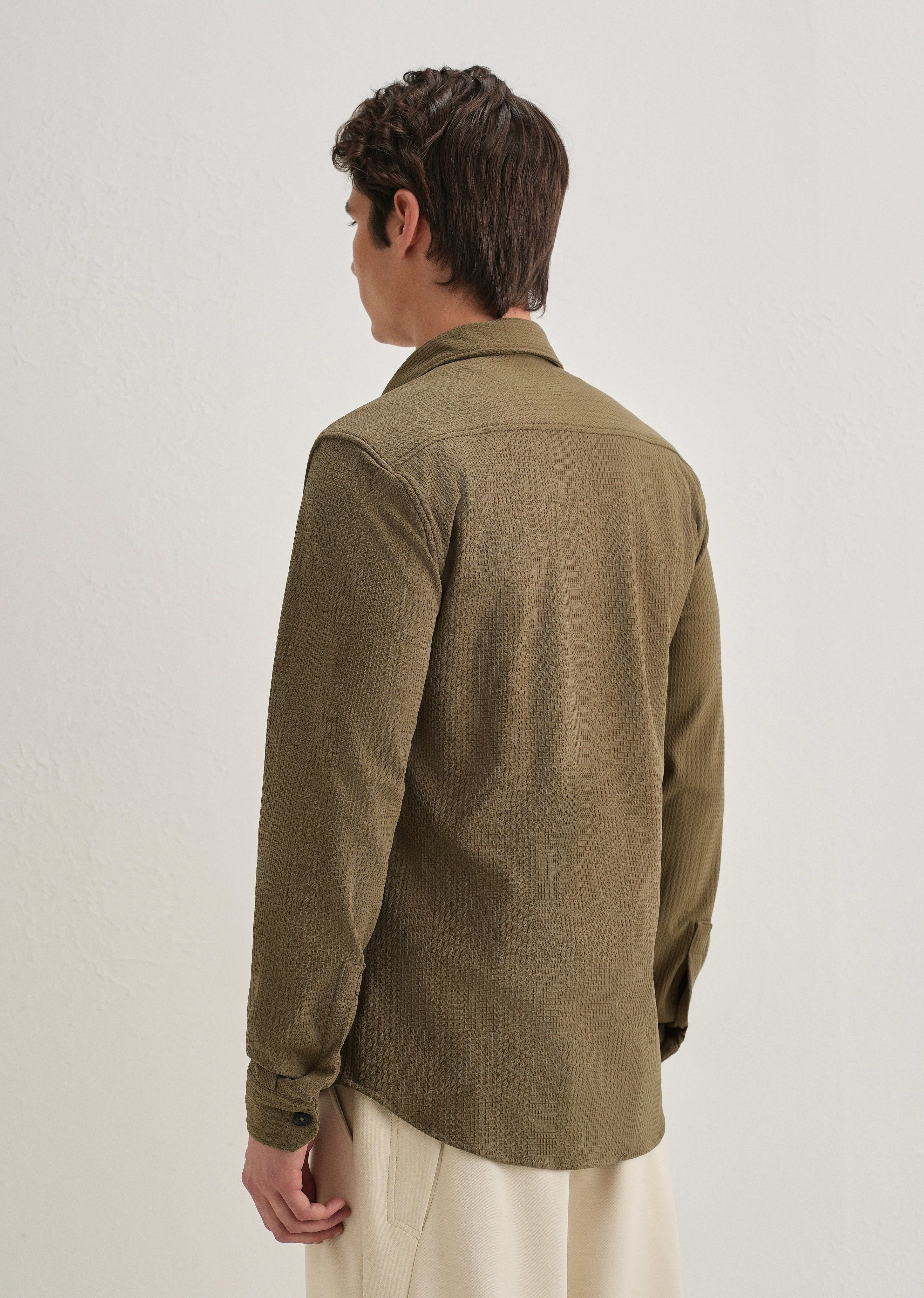 Olive Green Grid Textured Knit Shirt - Image 2