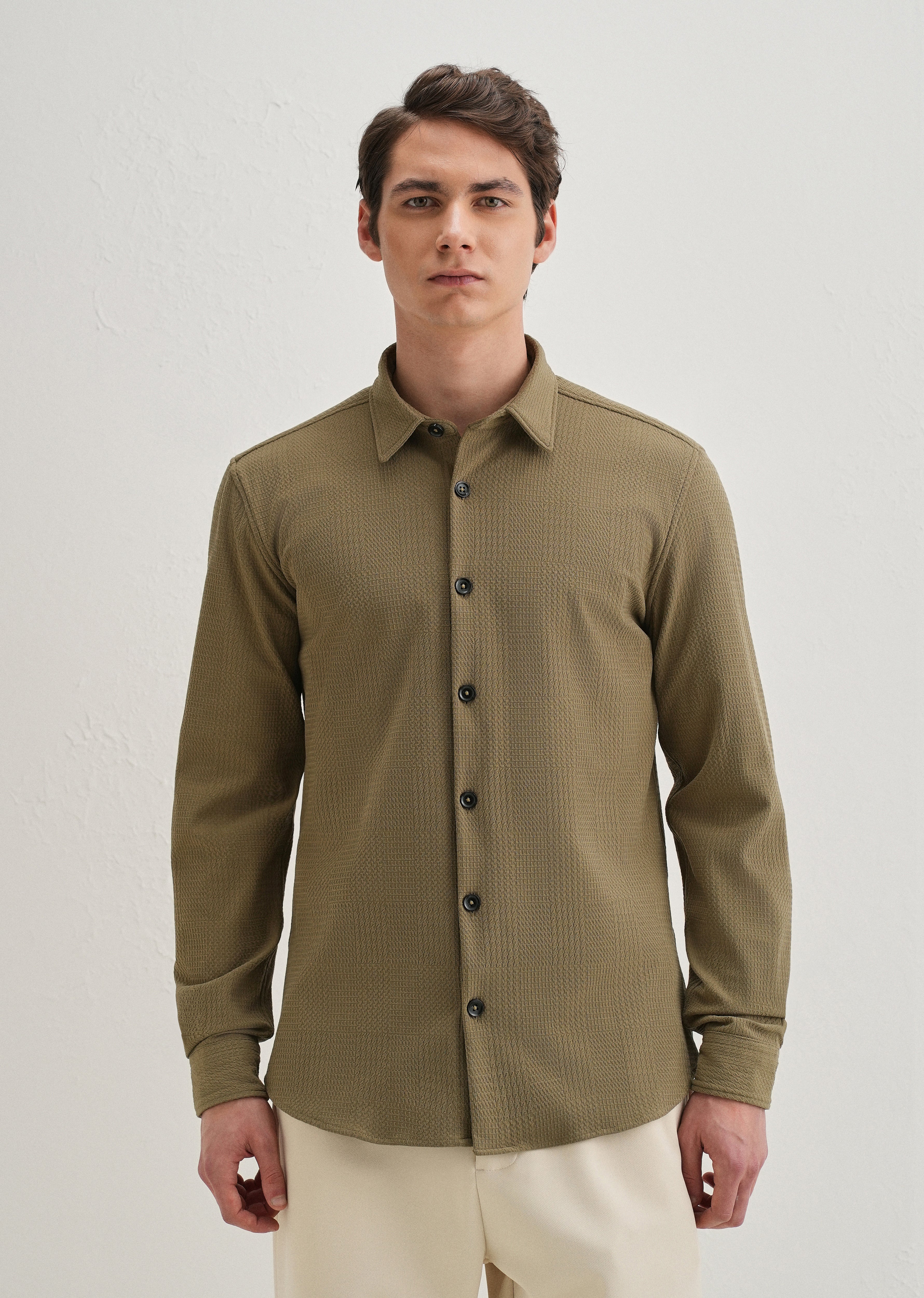 Olive Green Grid Textured Knit Shirt - Image 3