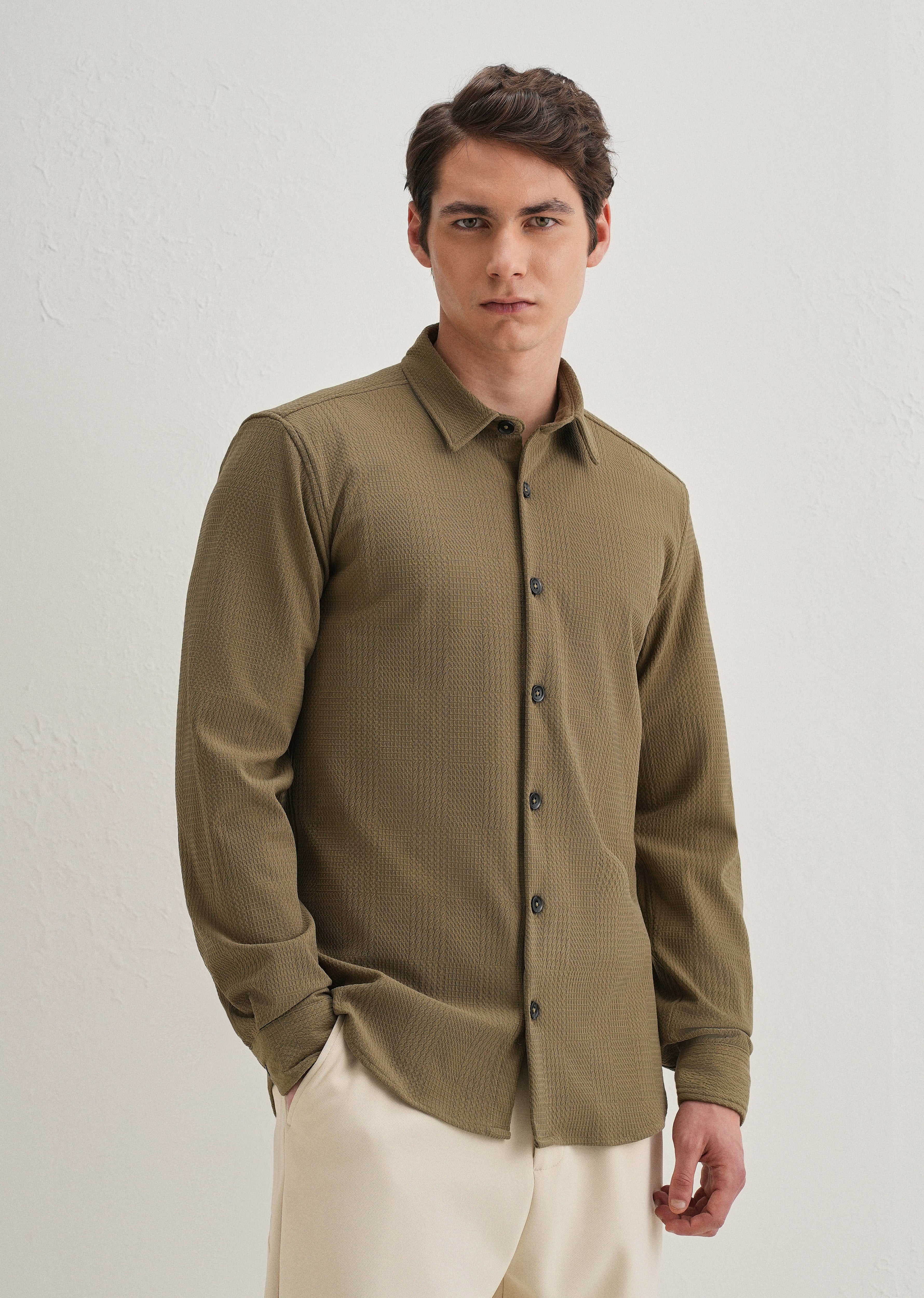 Olive Green Grid Textured Knit Shirt - Image 4