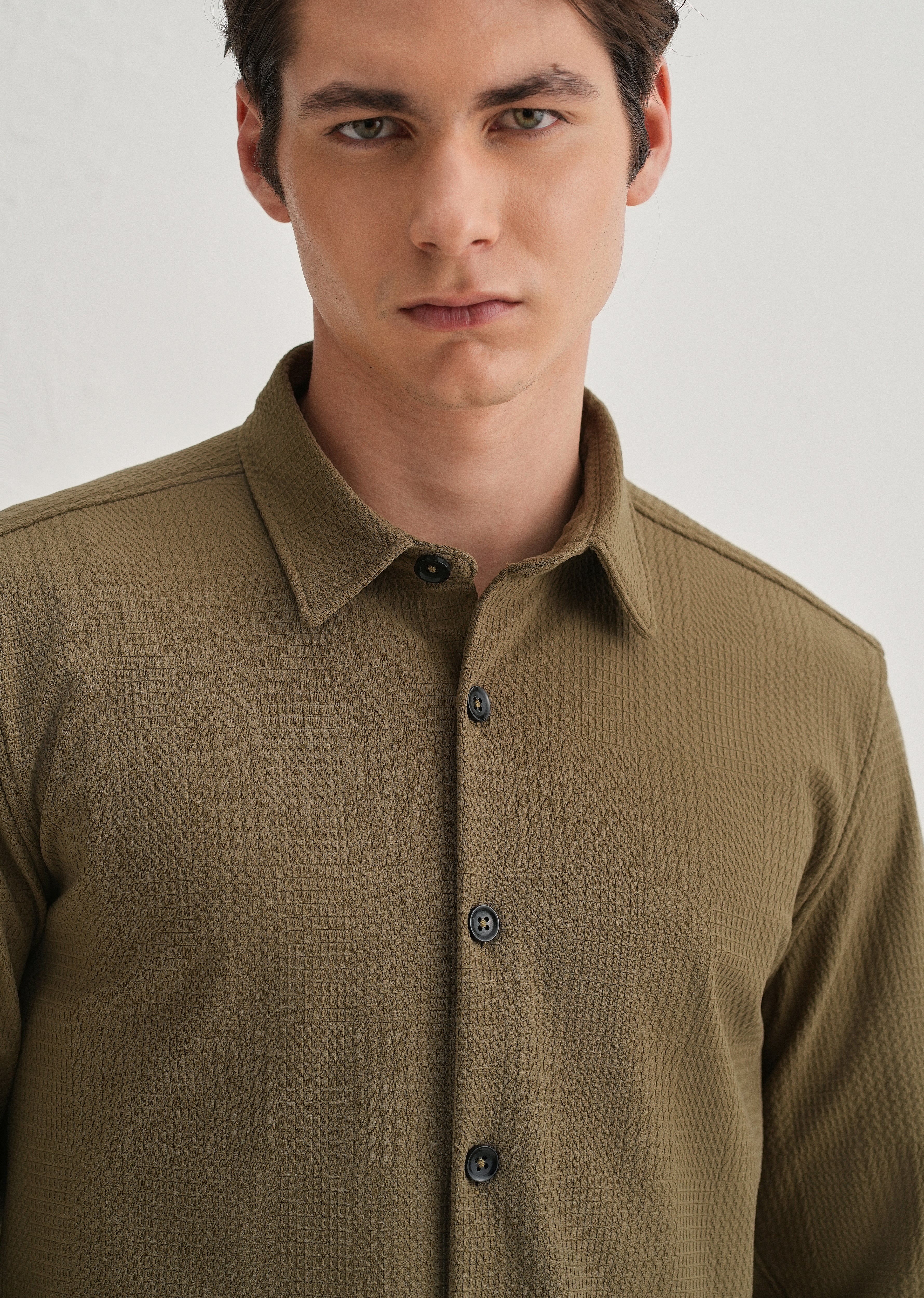 Olive Green Grid Textured Knit Shirt - Image 5