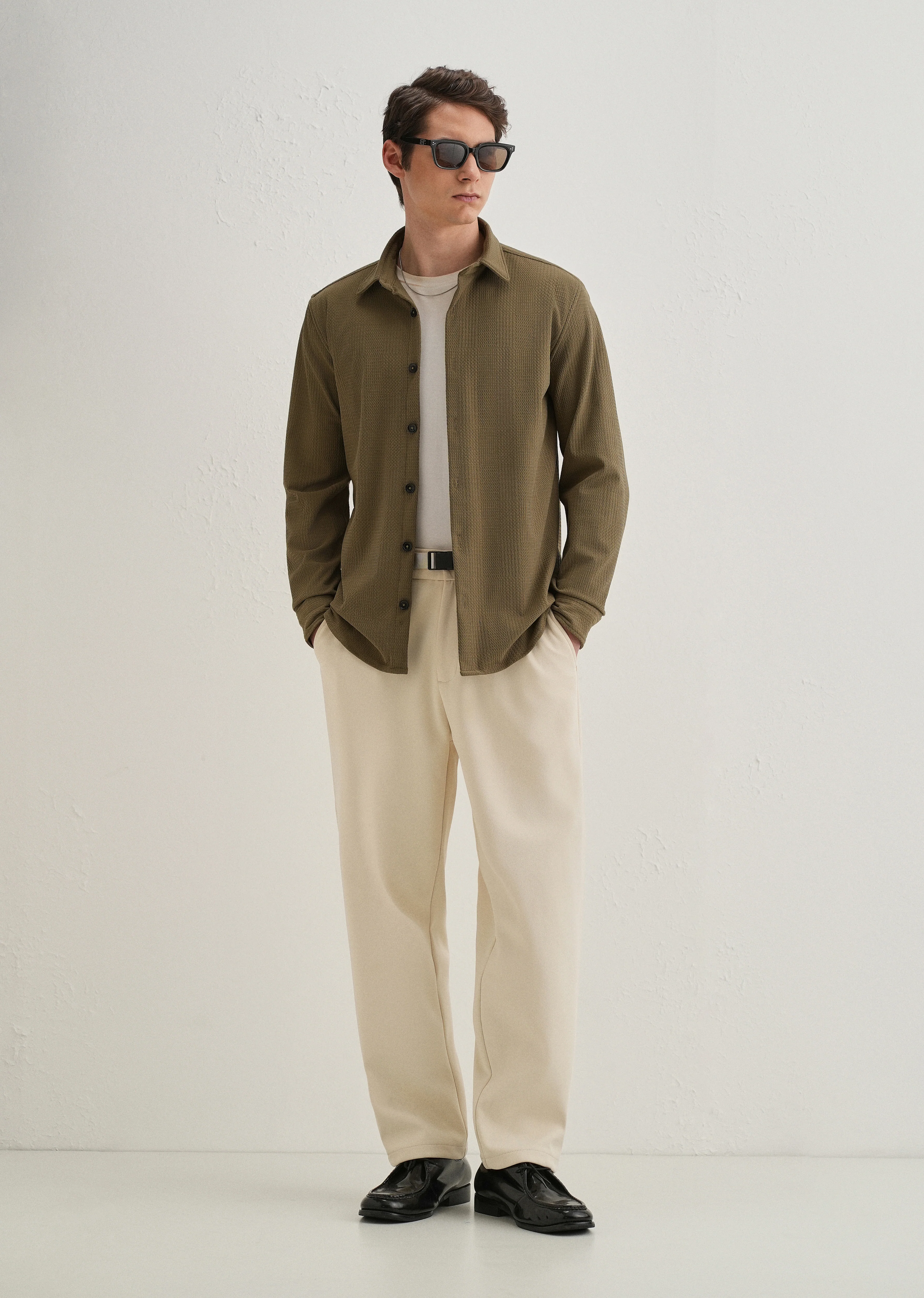 Olive Green Grid Textured Knit Shirt - Image 6