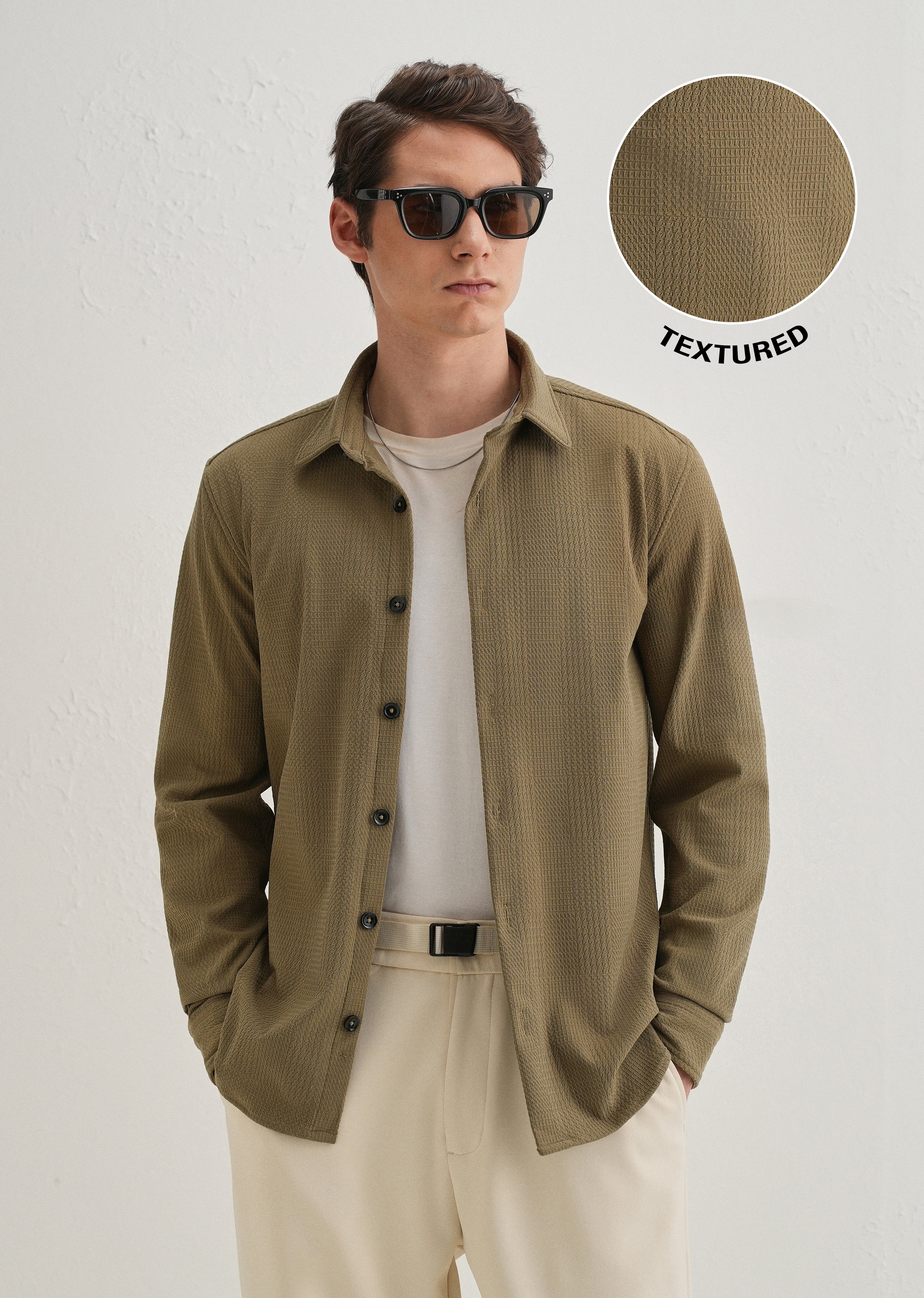 Olive Green Grid Textured Knit Shirt - Image 7