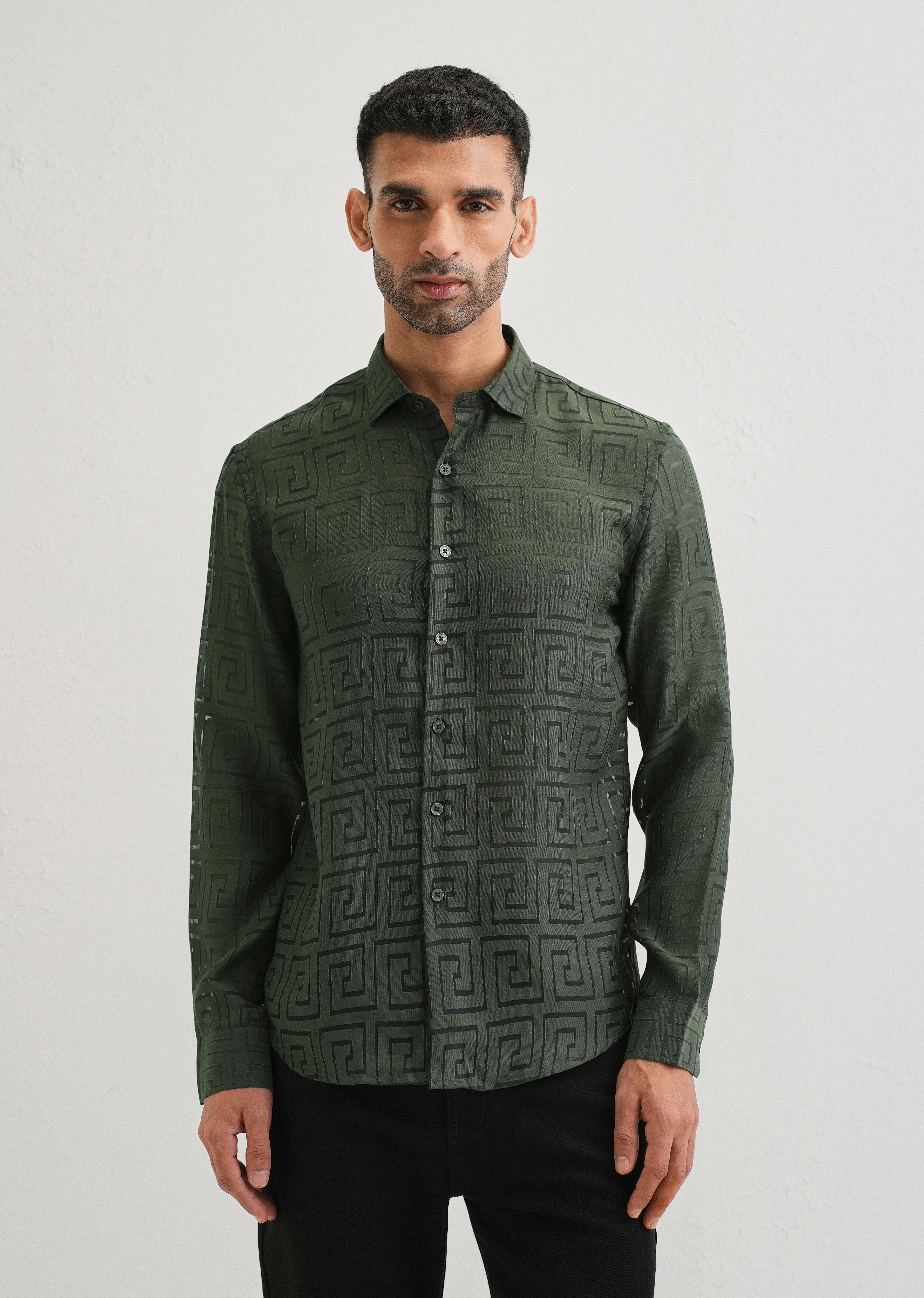 Olive Green Laser Cut Shirt - Image 3