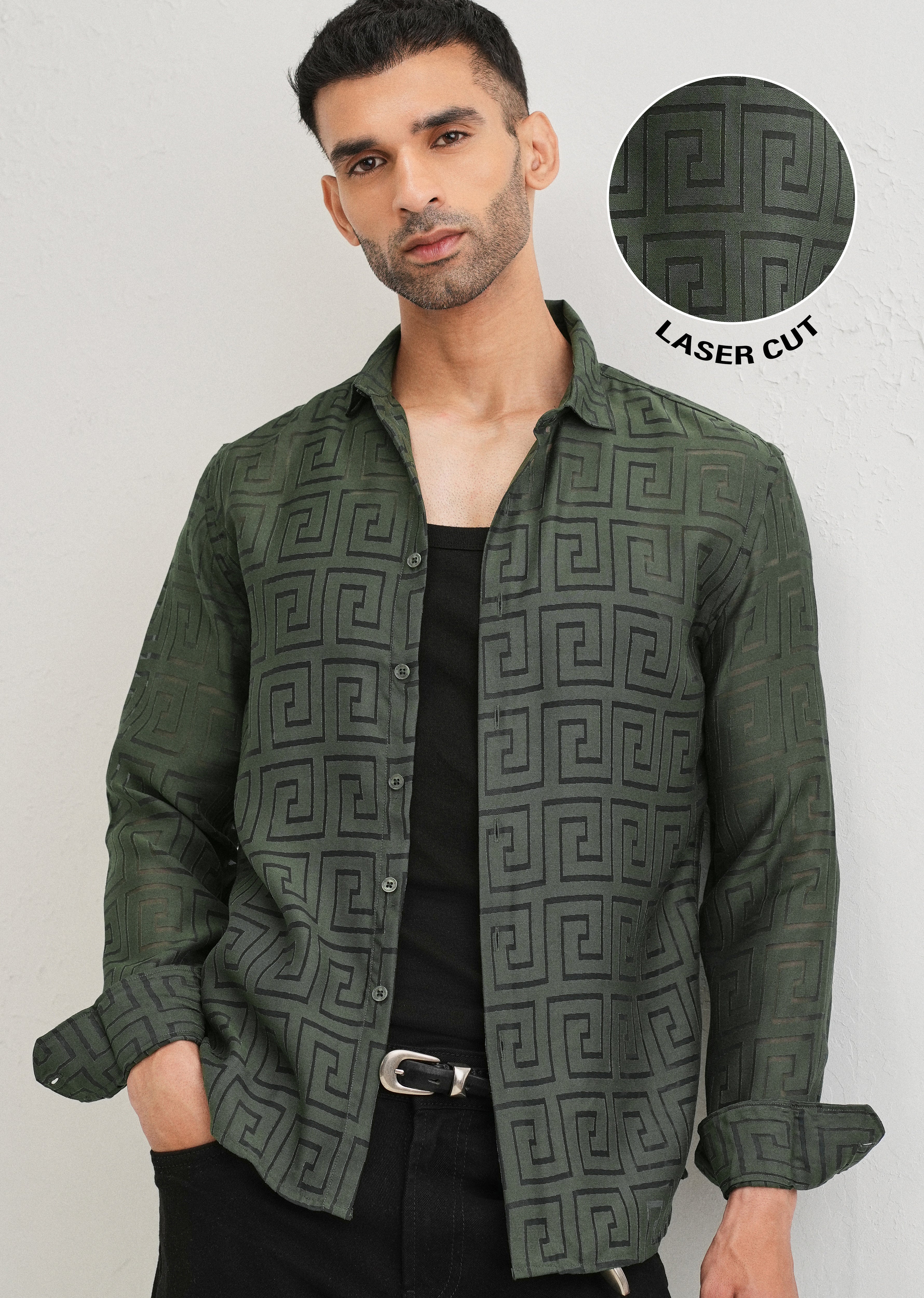 Olive Green Laser Cut Shirt - Image 7